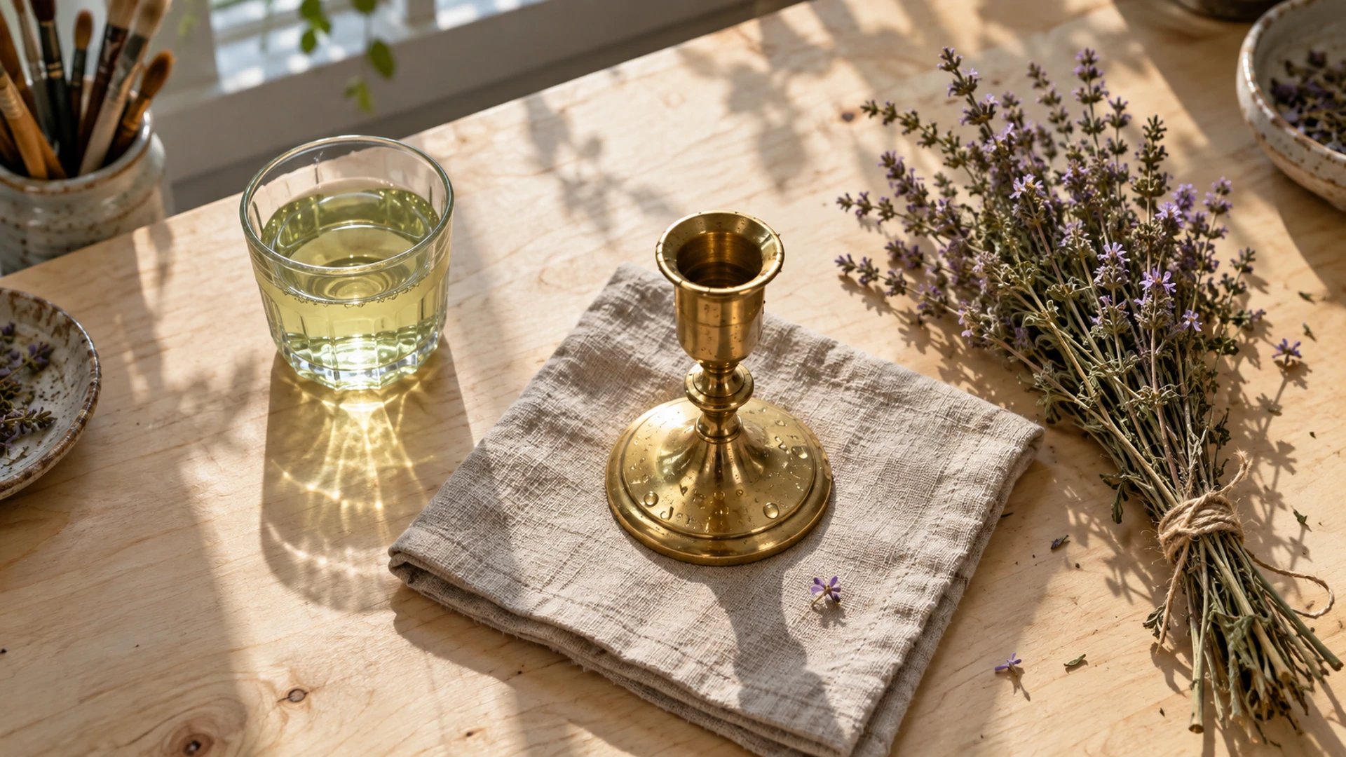 Dried vervain bundle and vervain infusion beside a brass candle holder beaded with droplets, consecrating a ritual tool