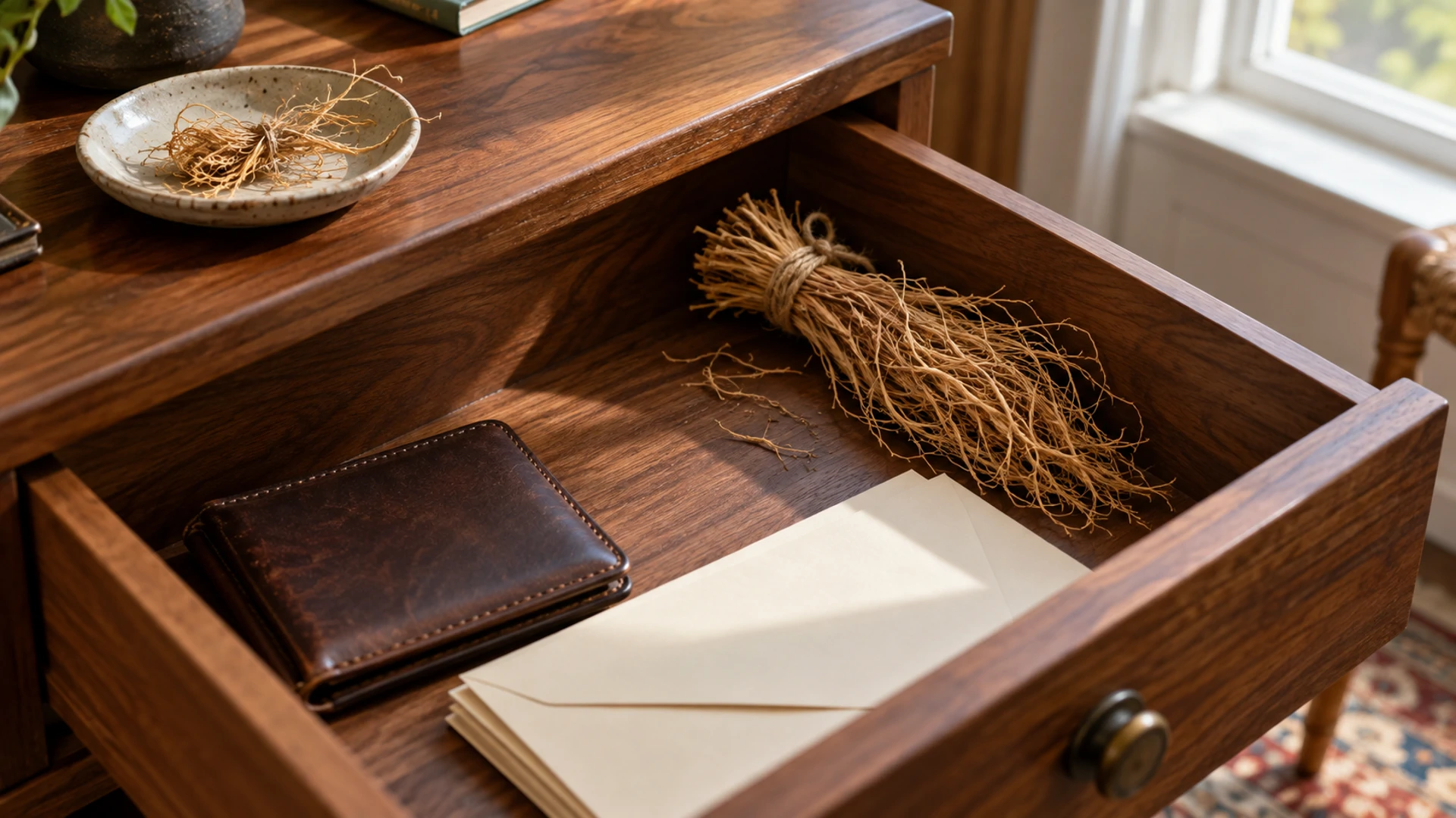 Bundle of dried vetiver roots in an open desk drawer beside a leather wallet, a charm for money that stays