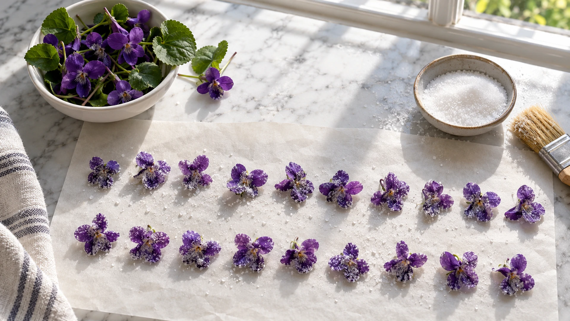 Candied sweet violet flowers drying on parchment beside fresh violets and a dish of sugar, a love-token ritual