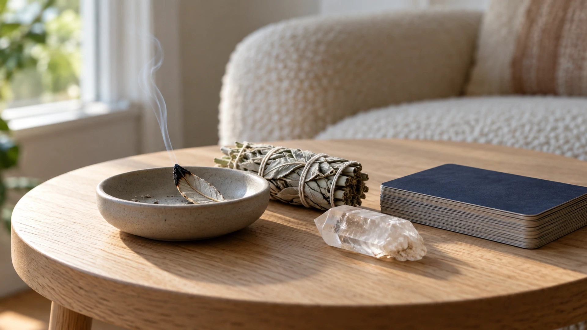 Smoldering white sage leaf in a dish beside a tarot deck and raw clear quartz for cleansing new magical tools