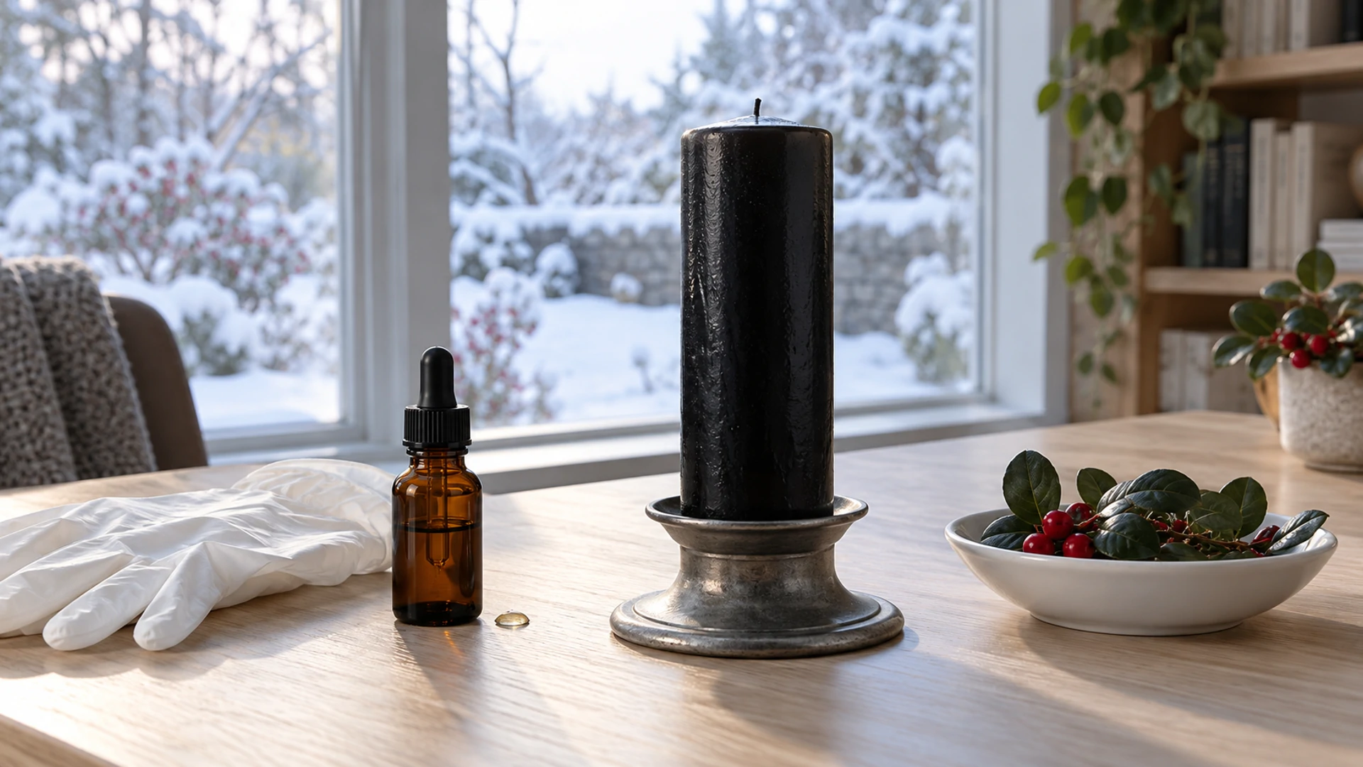 Black candle dressed with wintergreen oil beside gloves and dried wintergreen leaves and berries, a winter protection spell