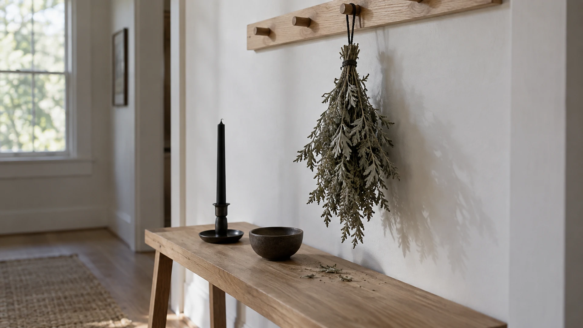 Bundle of dried silvery wormwood hung above a small spirit altar with a black candle, an herb for calling spirits