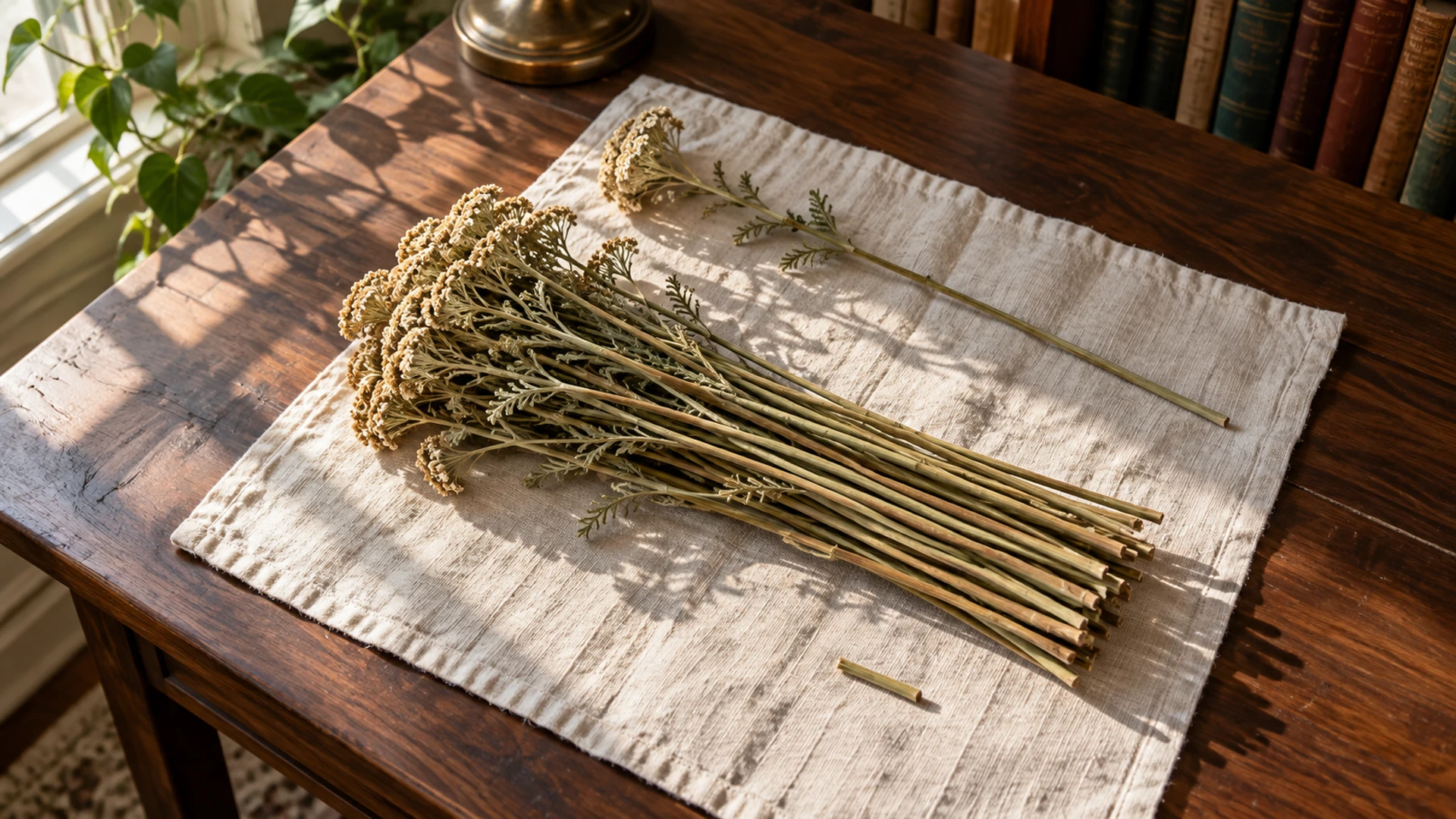 Bundle of dried yarrow stalks on cloth with one stalk set aside and a dried yarrow flower head, for I Ching casting