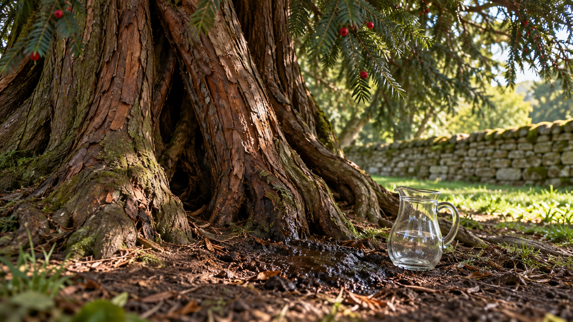 Small glass jug beside freshly watered earth at the roots of an ancient yew tree, an offering for ancestor work