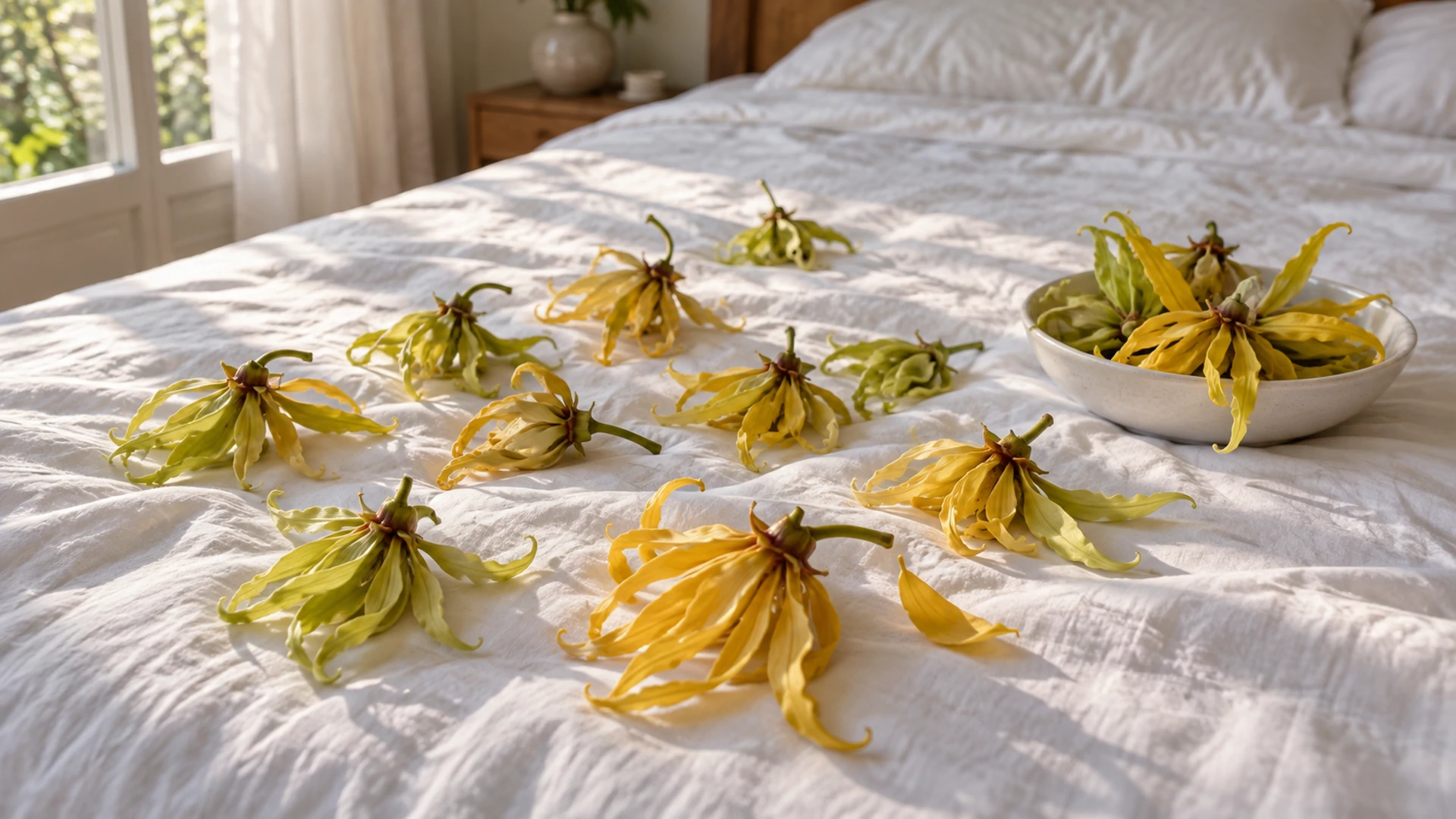 Fresh yellow ylang ylang flowers scattered across white bed linen, a sensual love ritual from the wedding bed