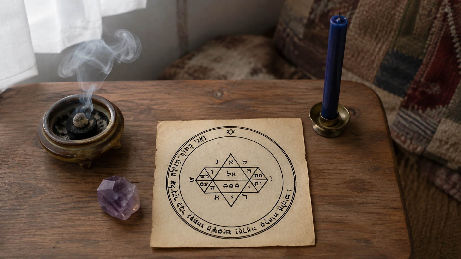 A blue candle and amethyst beside the Fifth Pentacle of Jupiter, with frankincense smoke, in soft early morning light.