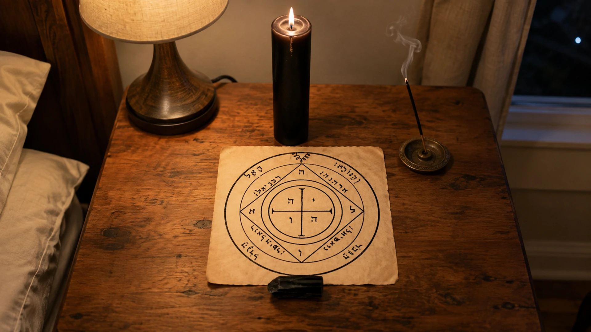 Black candle, black tourmaline, and cypress smoke arranged around the Fifth Pentacle of Saturn on a home nightstand.