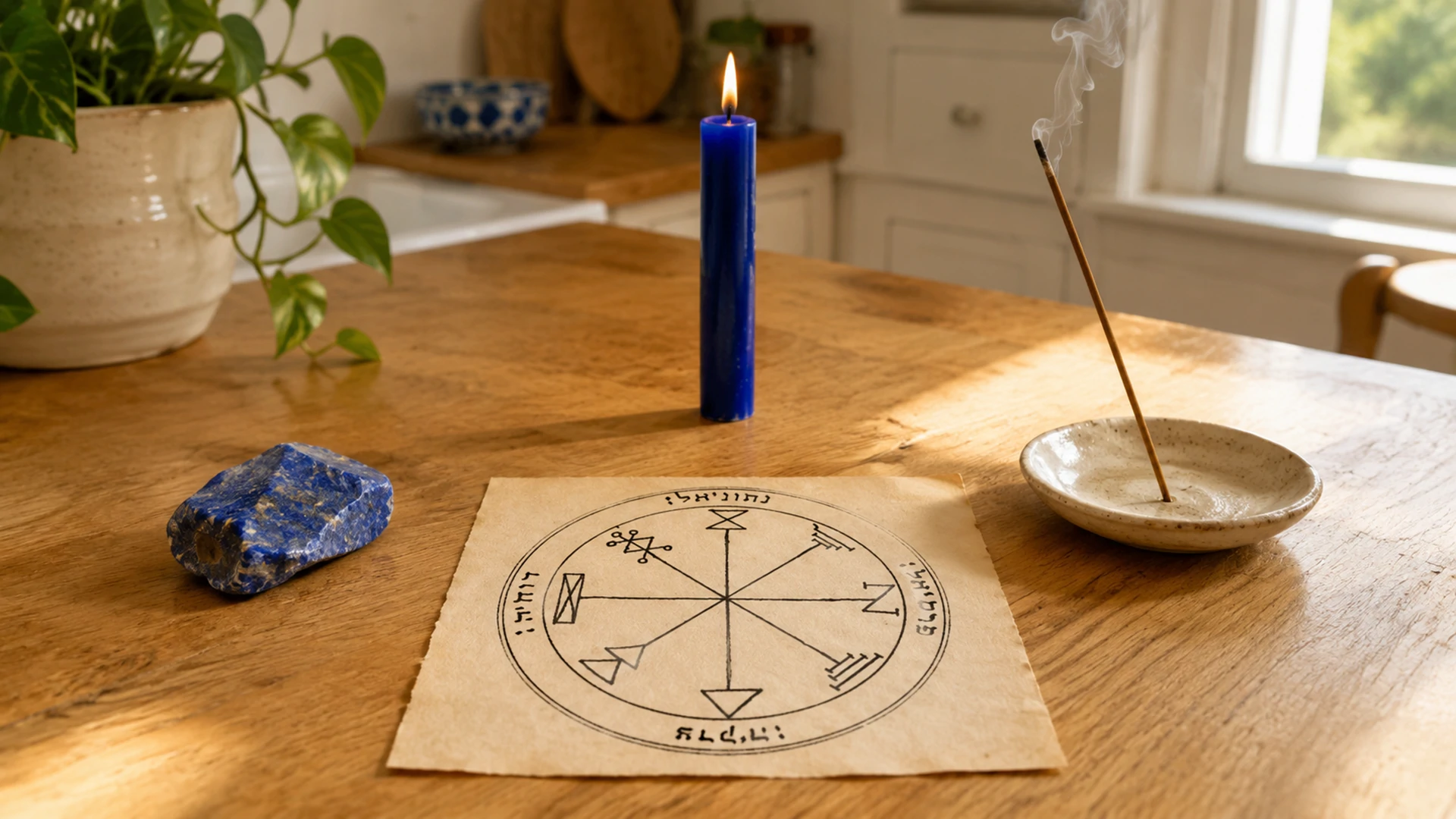 A slender royal blue chime candle, lapis lazuli, and cedar incense arranged around the First Pentacle of Jupiter in morning light.
