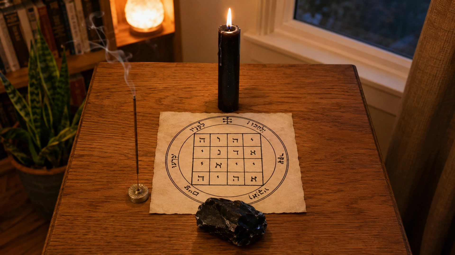 Black candle, obsidian, and myrrh smoke arranged around the First Pentacle of Saturn on a home altar in the evening.