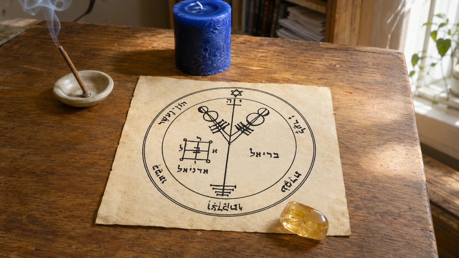 A royal blue candle and citrine resting on the Fourth Pentacle of Jupiter, with cedar incense, in bright morning light.