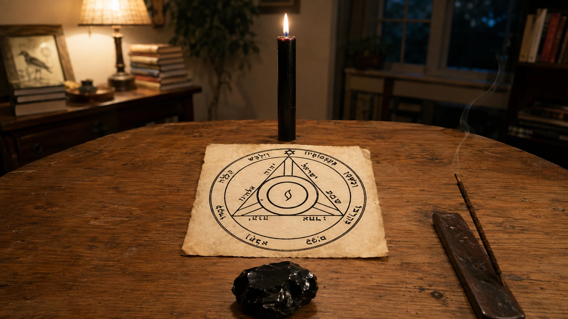 Black candle, obsidian, and myrrh smoke arranged around the Fourth Pentacle of Saturn on a home altar in the evening.