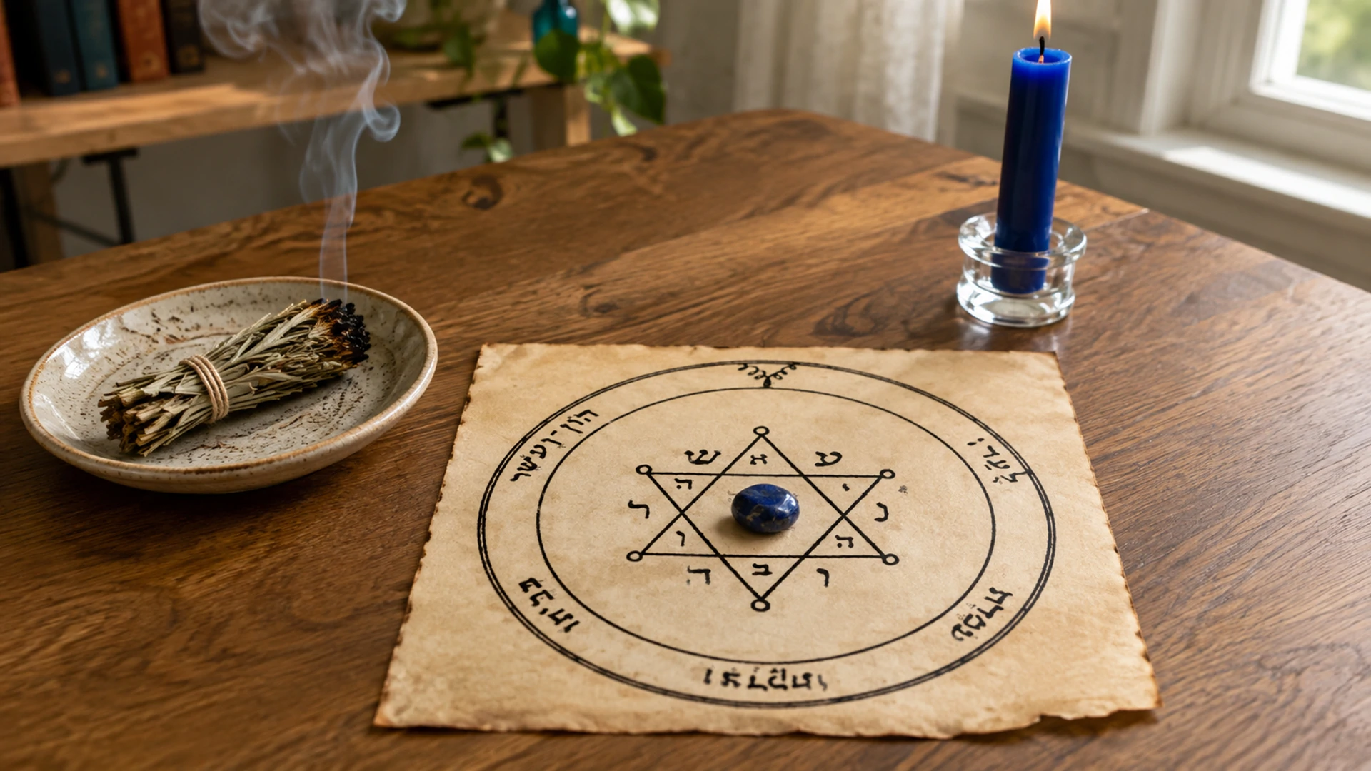 A blue taper candle and lapis lazuli resting on the Second Pentacle of Jupiter, with cedar incense, in bright morning light.