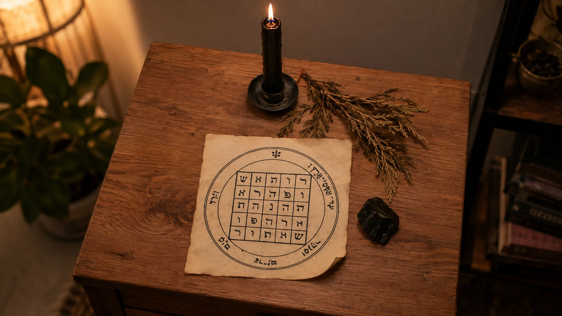 Black candle, jet stone, and cypress arranged around the Second Pentacle of Saturn's SATOR square on a home altar.