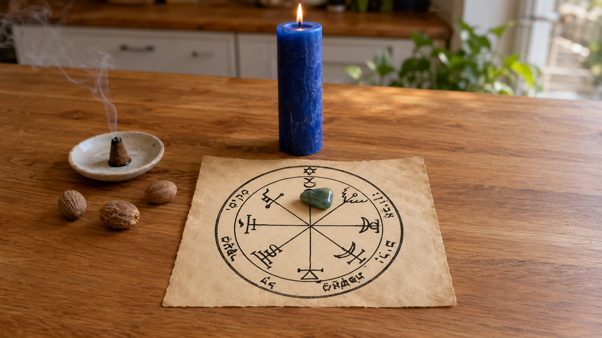 A blue candle and green aventurine resting on the Seventh Pentacle of Jupiter, with nutmeg incense, in bright morning light.