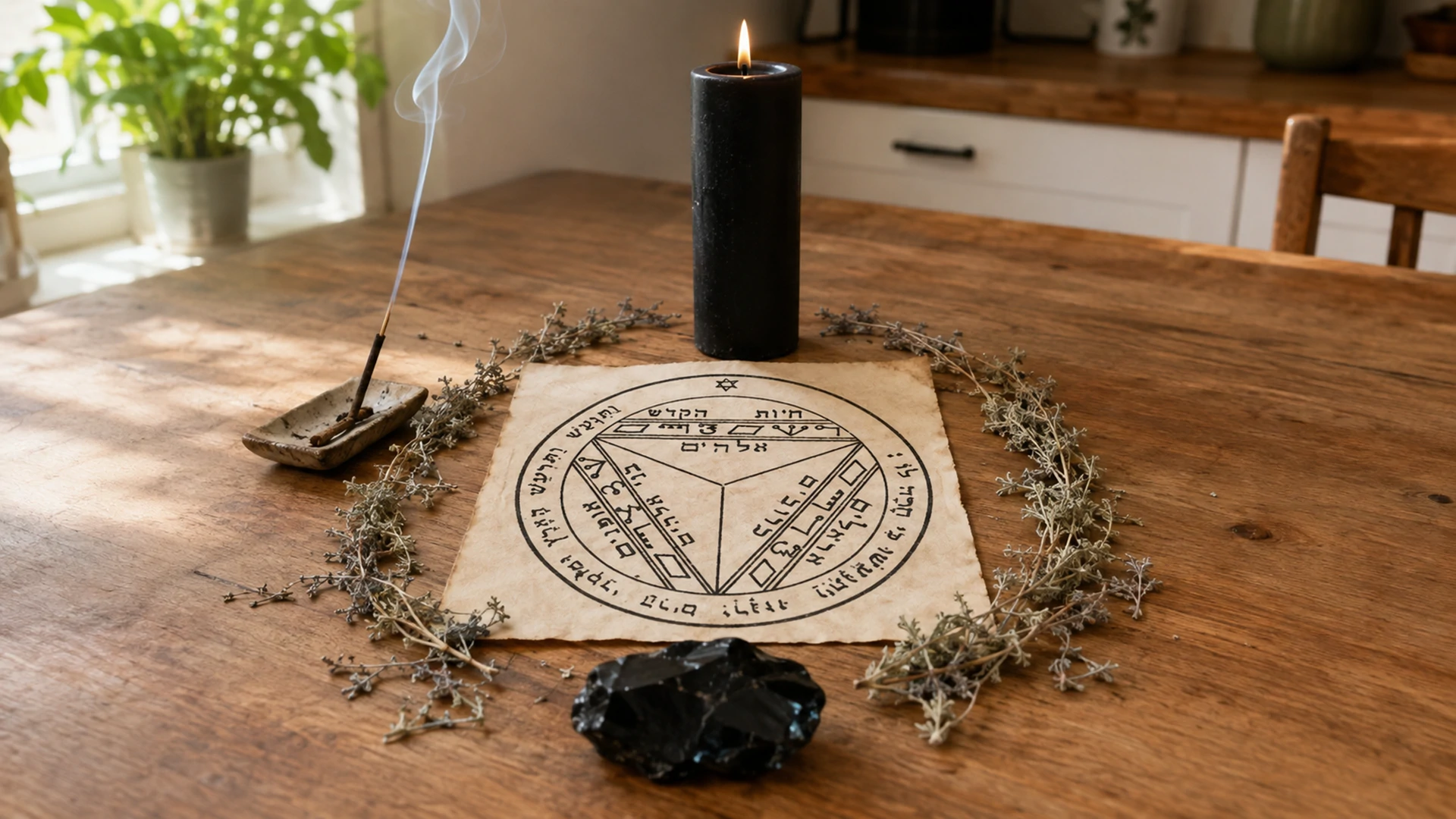 Black candle, obsidian, and a ring of wormwood around the Seventh Pentacle of Saturn on a sunlit home altar.