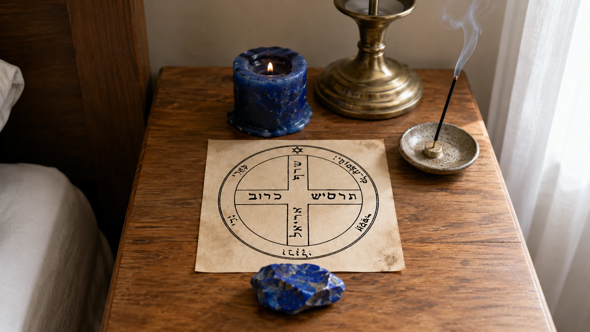 A blue candle and lapis lazuli framing the Sixth Pentacle of Jupiter on a nightstand, with cedar incense, in daylight.
