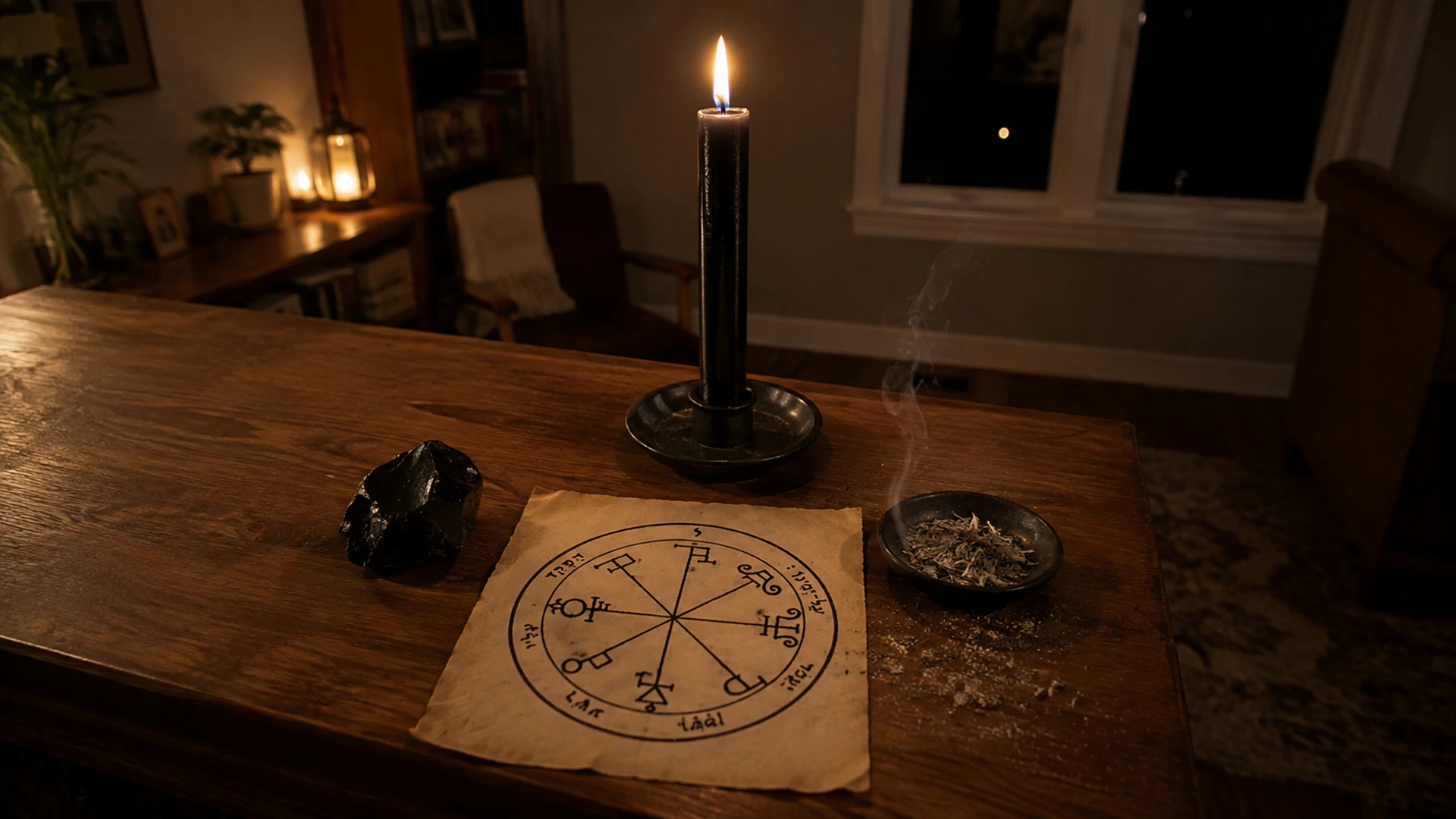 Black candle and obsidian resting on the Sixth Pentacle of Saturn, with wormwood smoke, on a dimly lit home altar.