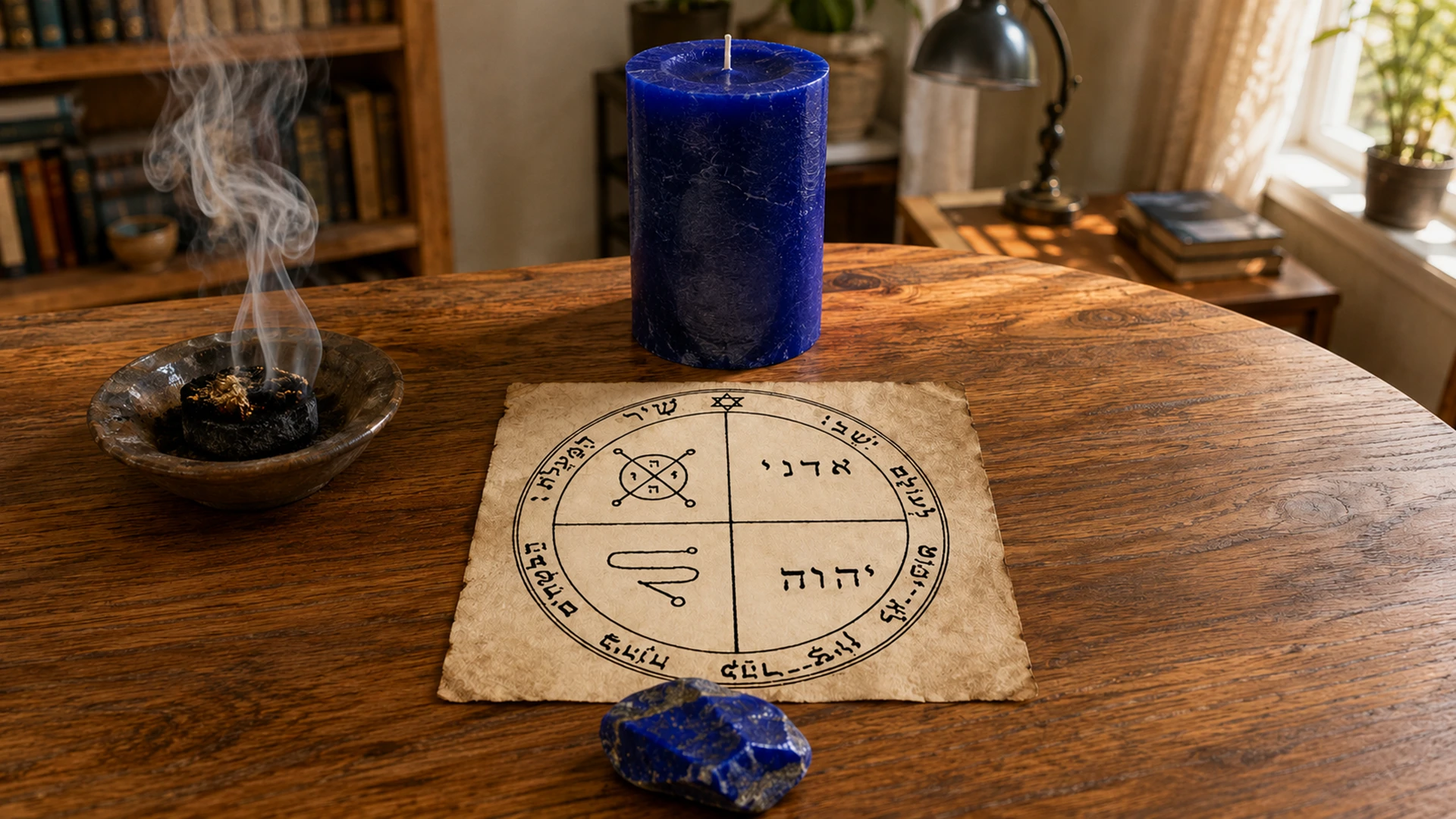 A royal blue pillar candle and lapis lazuli at the base of the Third Pentacle of Jupiter, with cedar smoke, in bright daylight.