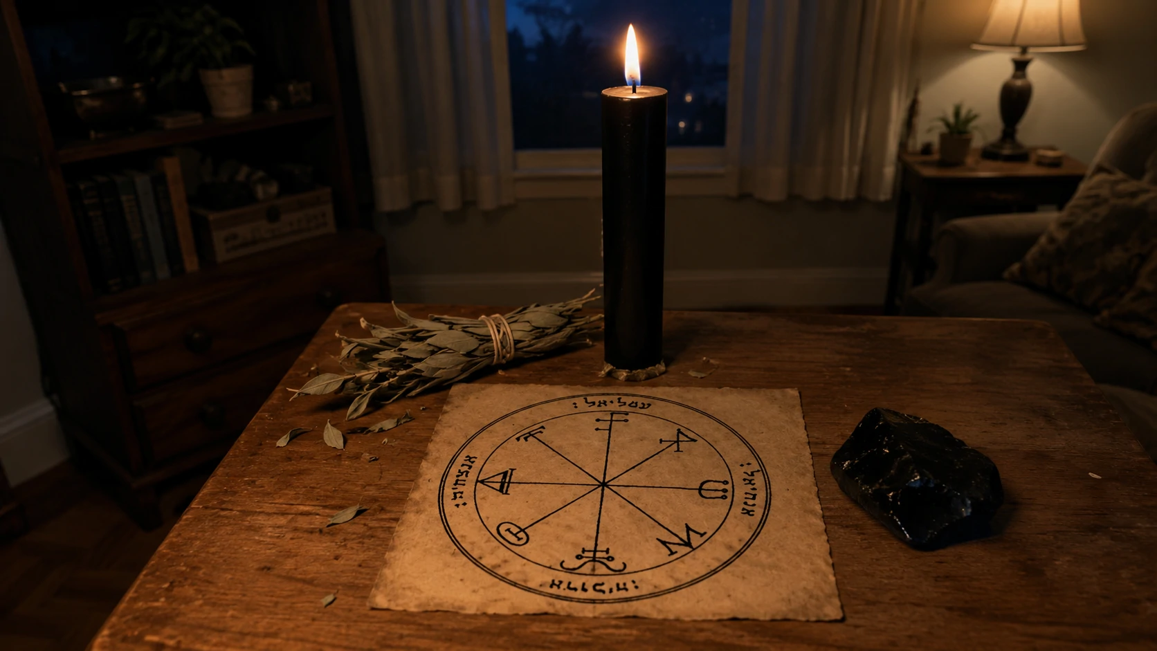 The Third Pentacle of Saturn on a home altar lit by candlelight and soft evening light, obsidian and mullein nearby.