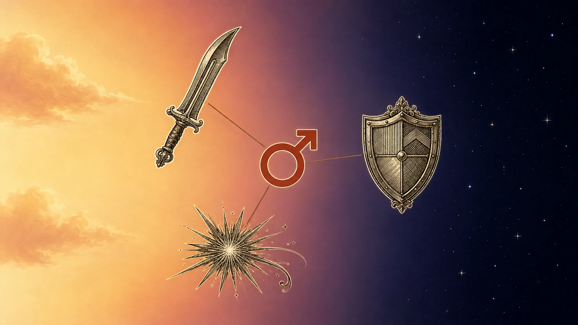Mars planetary hour illustrated as a glyph between day and night skies with protection and courage symbols