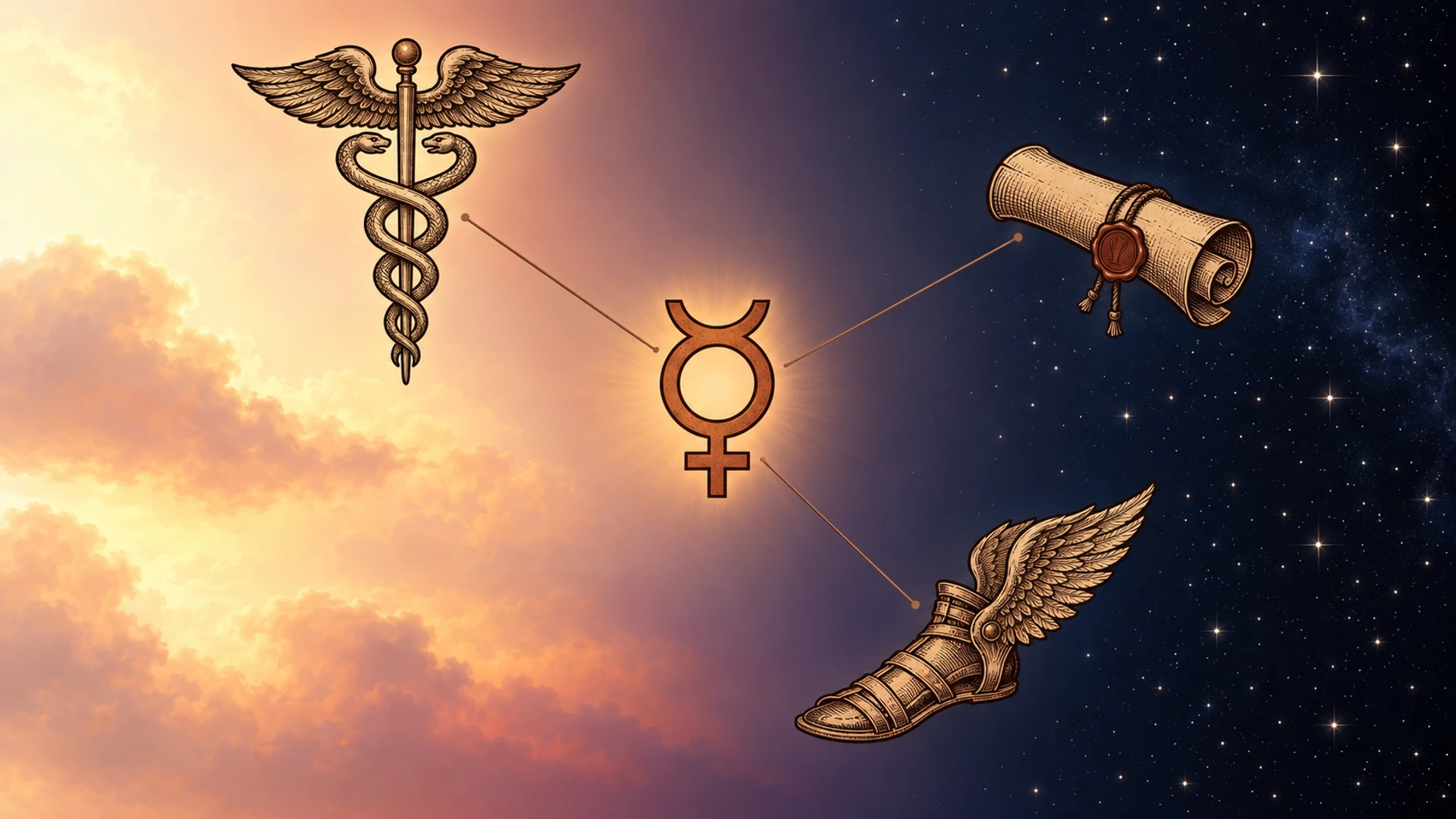 Mercury planetary hour illustrated as a glyph between day and night skies with communication and travel symbols