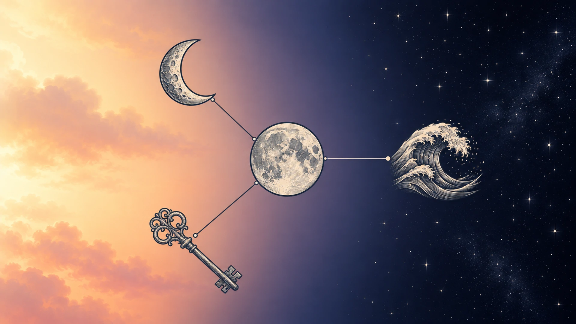 Moon planetary hour illustrated as a glyph between day and night skies with intuition and dreamwork symbols