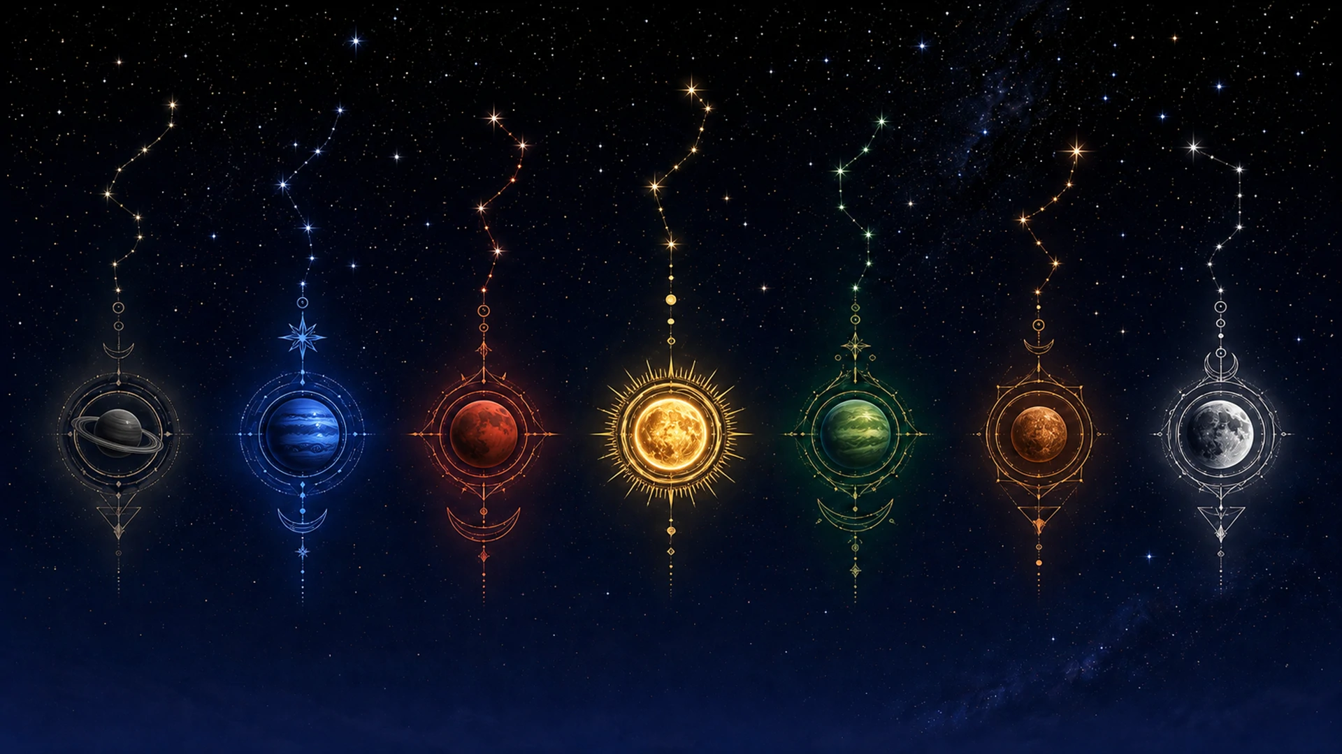 Seven planetary hour rulers in Chaldean order illustrated against a starry night sky