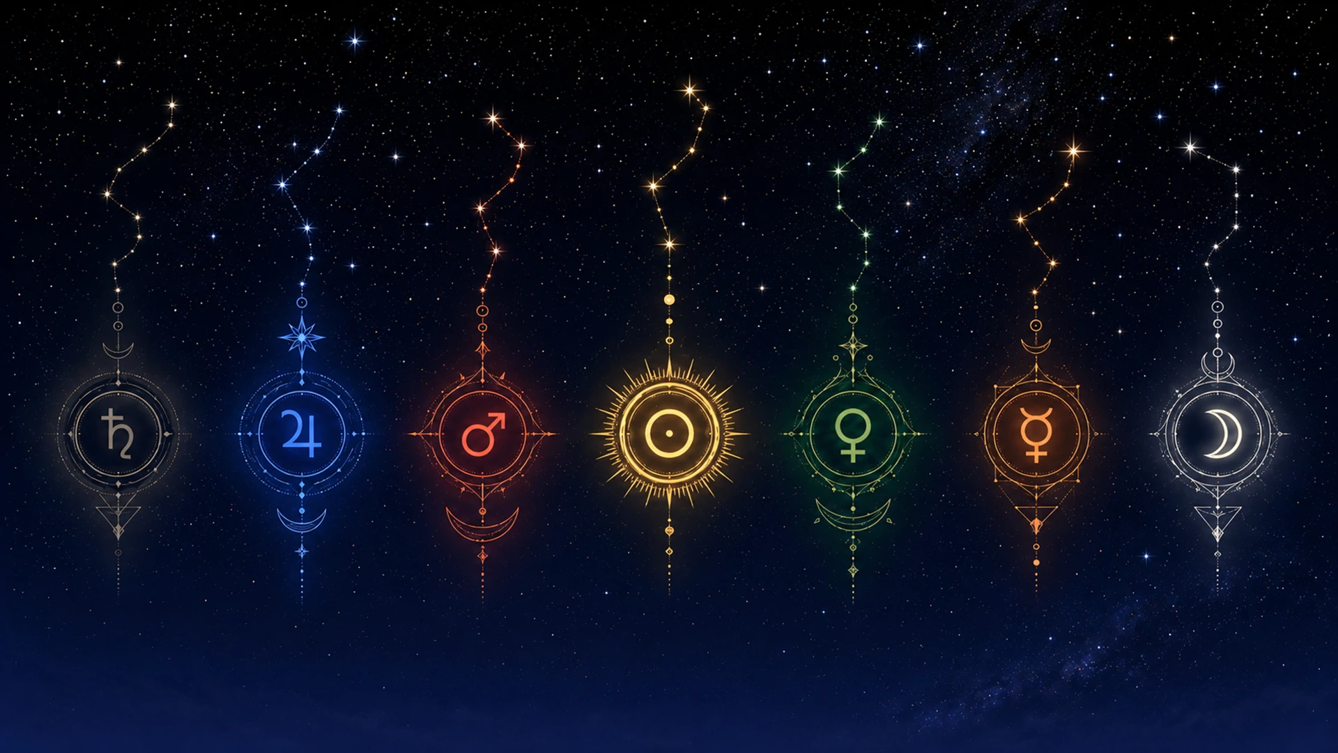 Seven planetary hour rulers in Chaldean order illustrated against a starry night sky