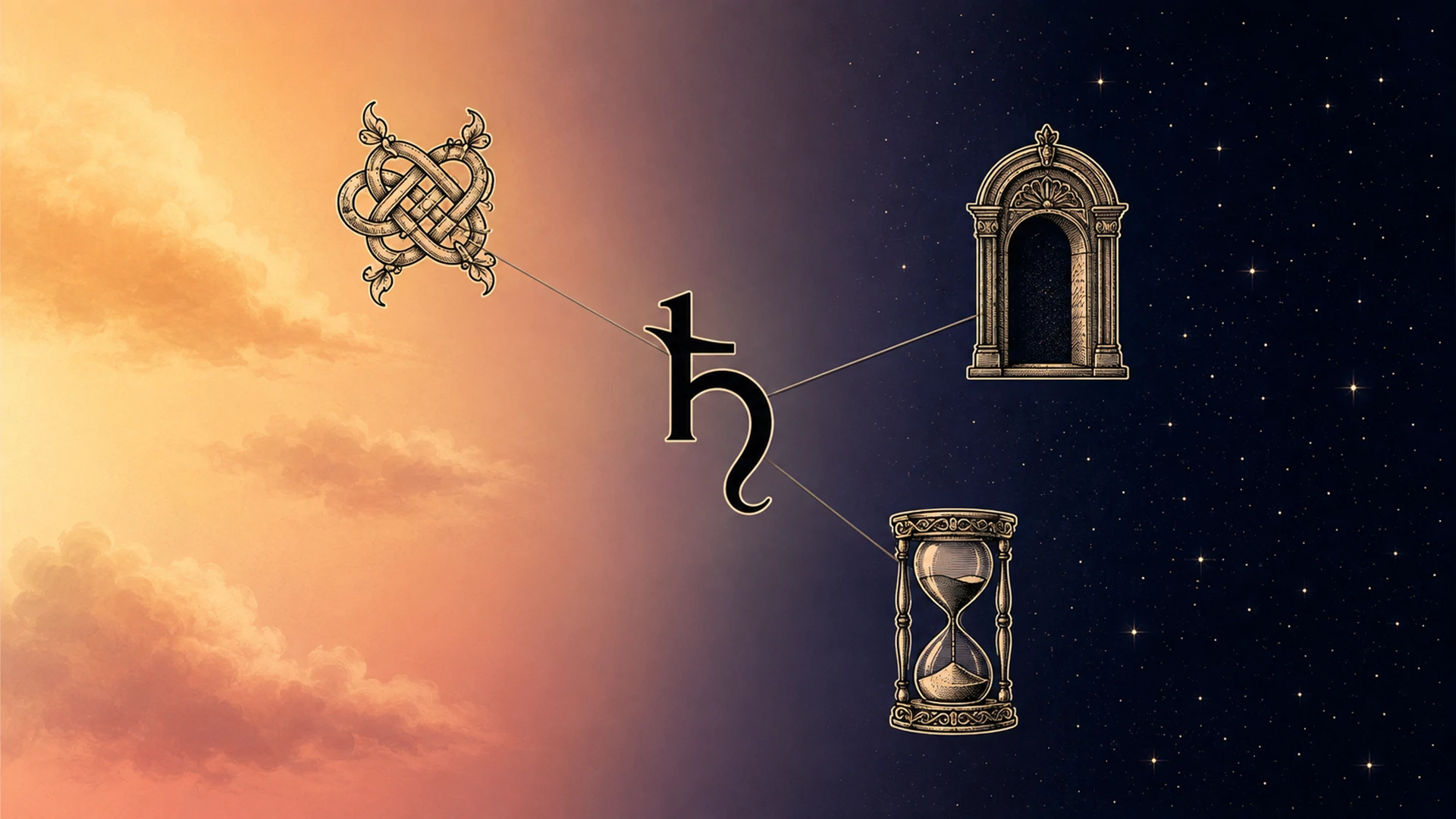Saturn planetary hour illustrated as a glyph between day and night skies with binding and ending symbols