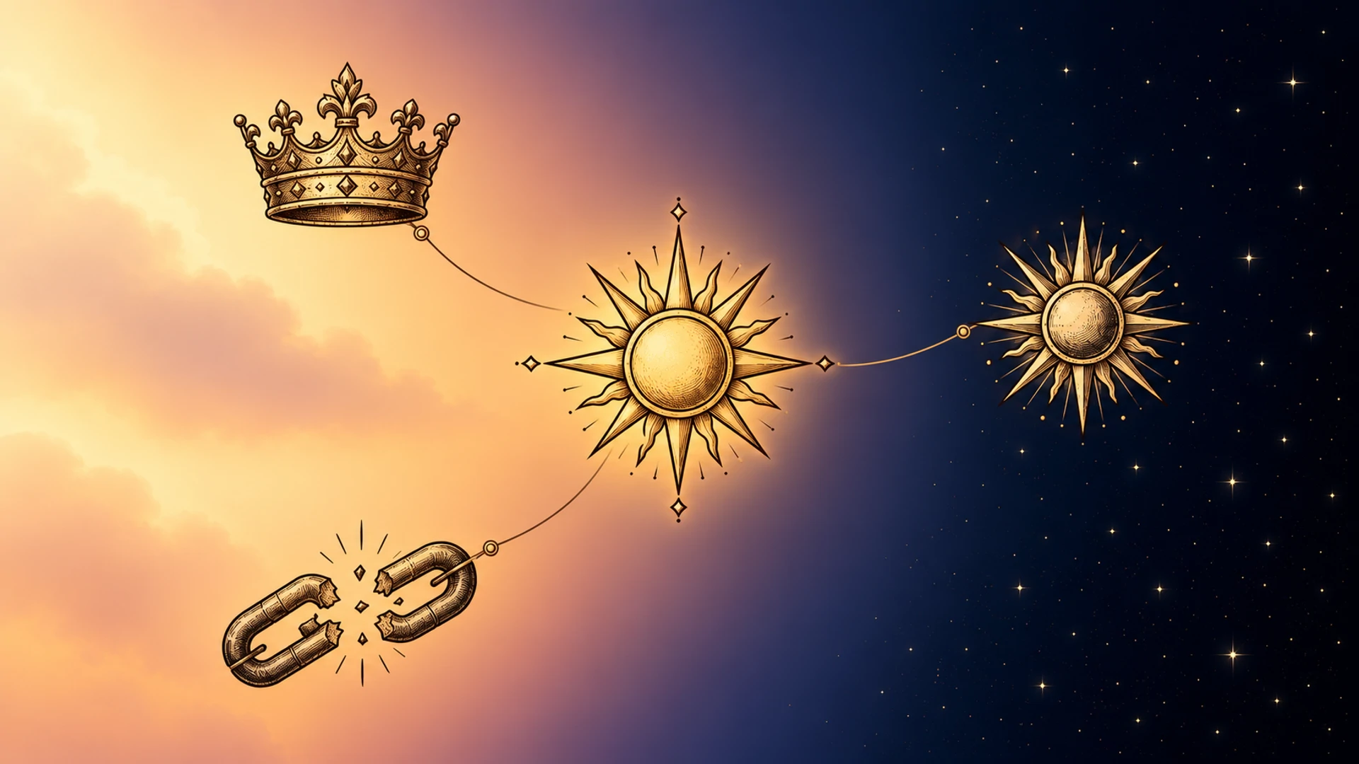 Sun planetary hour illustrated as a glyph between day and night skies with authority and vitality symbols