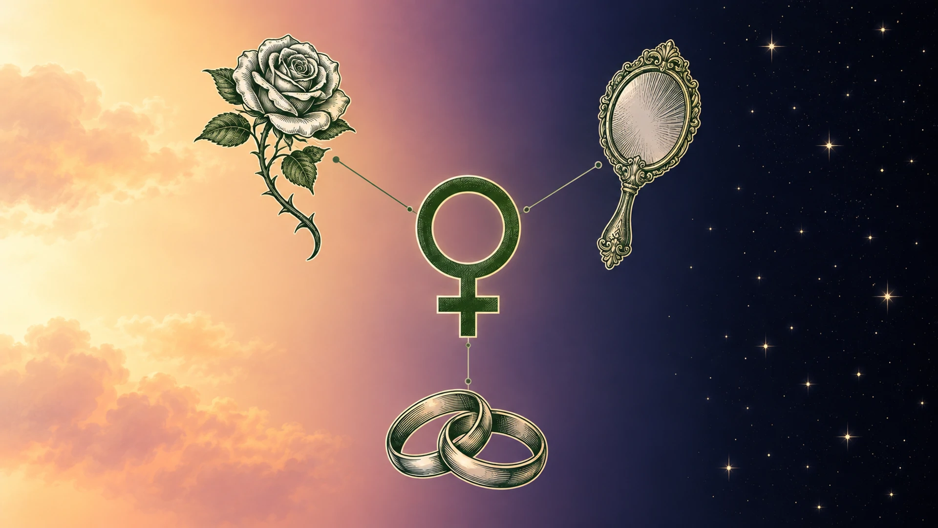 Venus planetary hour illustrated as a glyph between day and night skies with love and beauty symbols