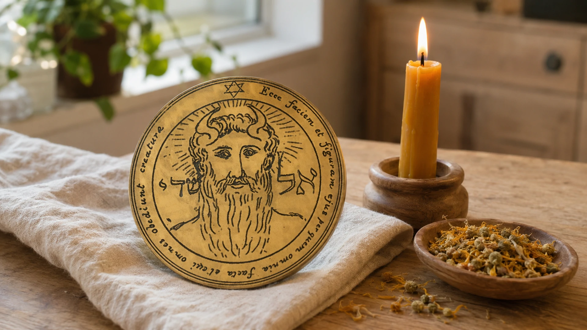 First Pentacle of the Sun talisman with authentic engraved design, lit gold candle, and herb dish in sunlit setting.