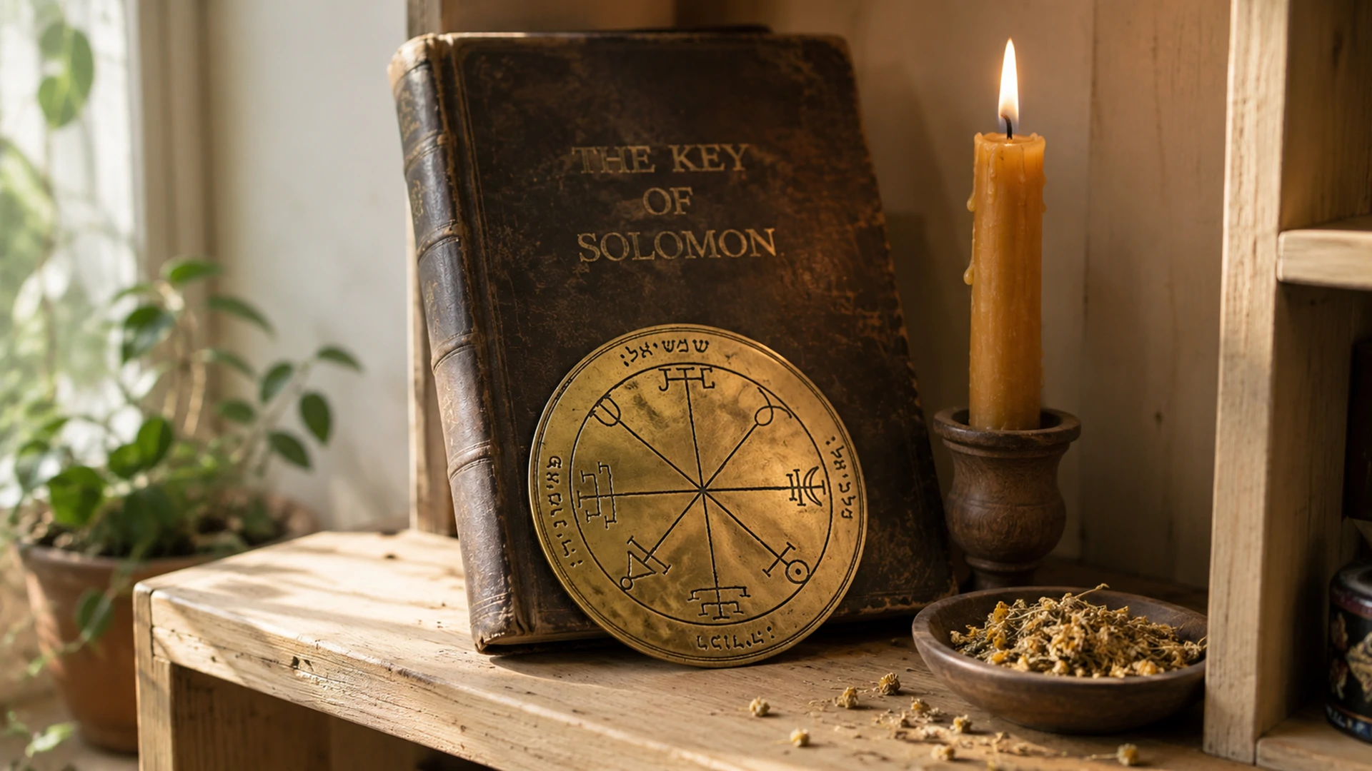 Home altar shelf with antique Key of Solomon book, Second Pentacle of the Sun talisman, lit candle, and offering dish.