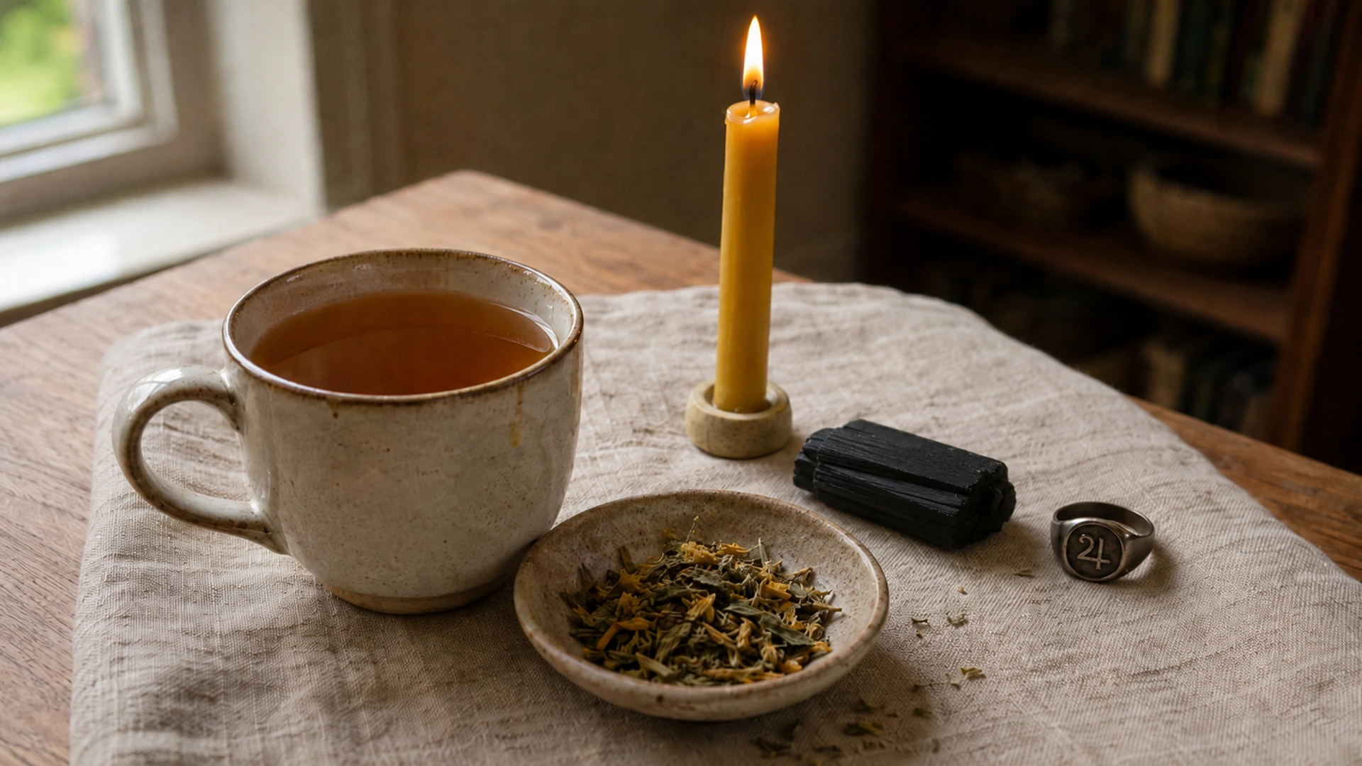 Amber agrimony tea beside dried agrimony herb, a yellow candle, jet crystal, and a pewter Jupiter ring