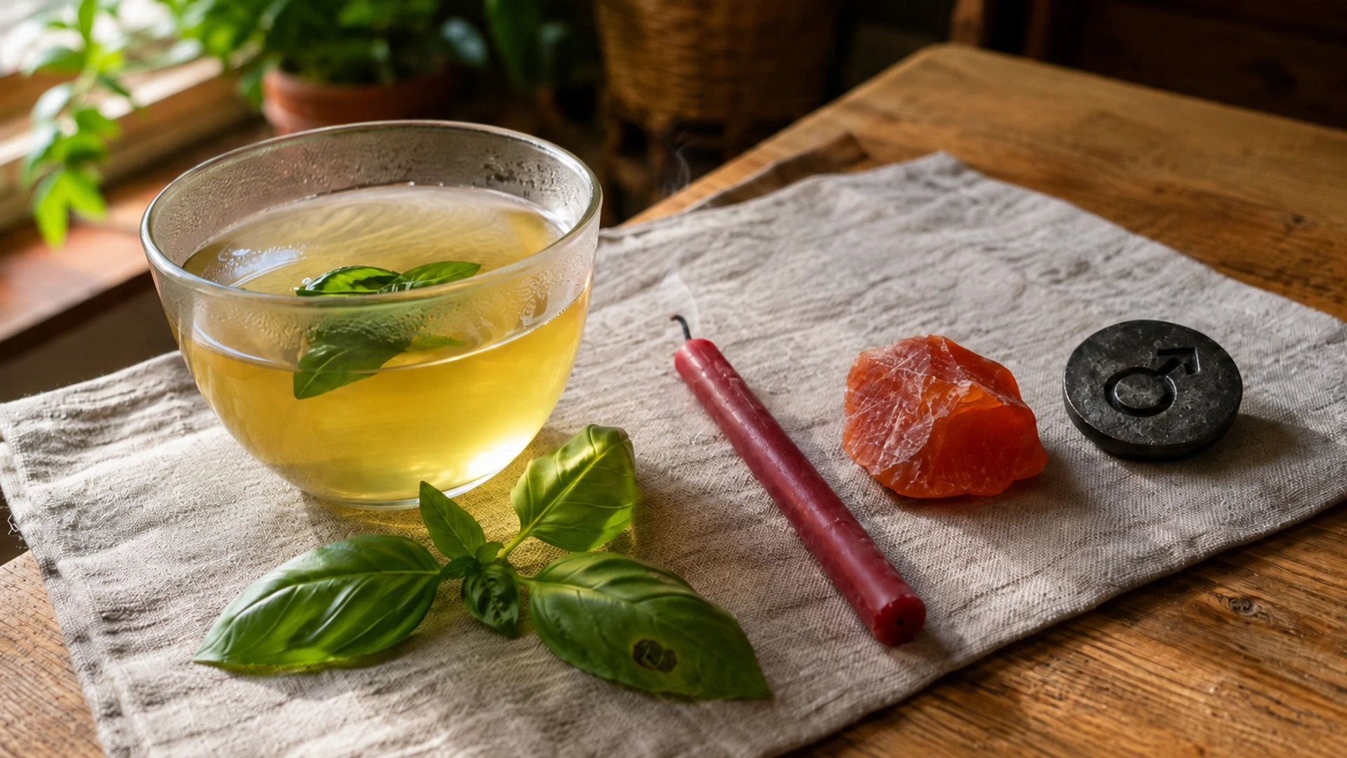 Golden-green basil tea beside fresh basil leaves, a red candle, carnelian crystal, and an iron Mars talisman