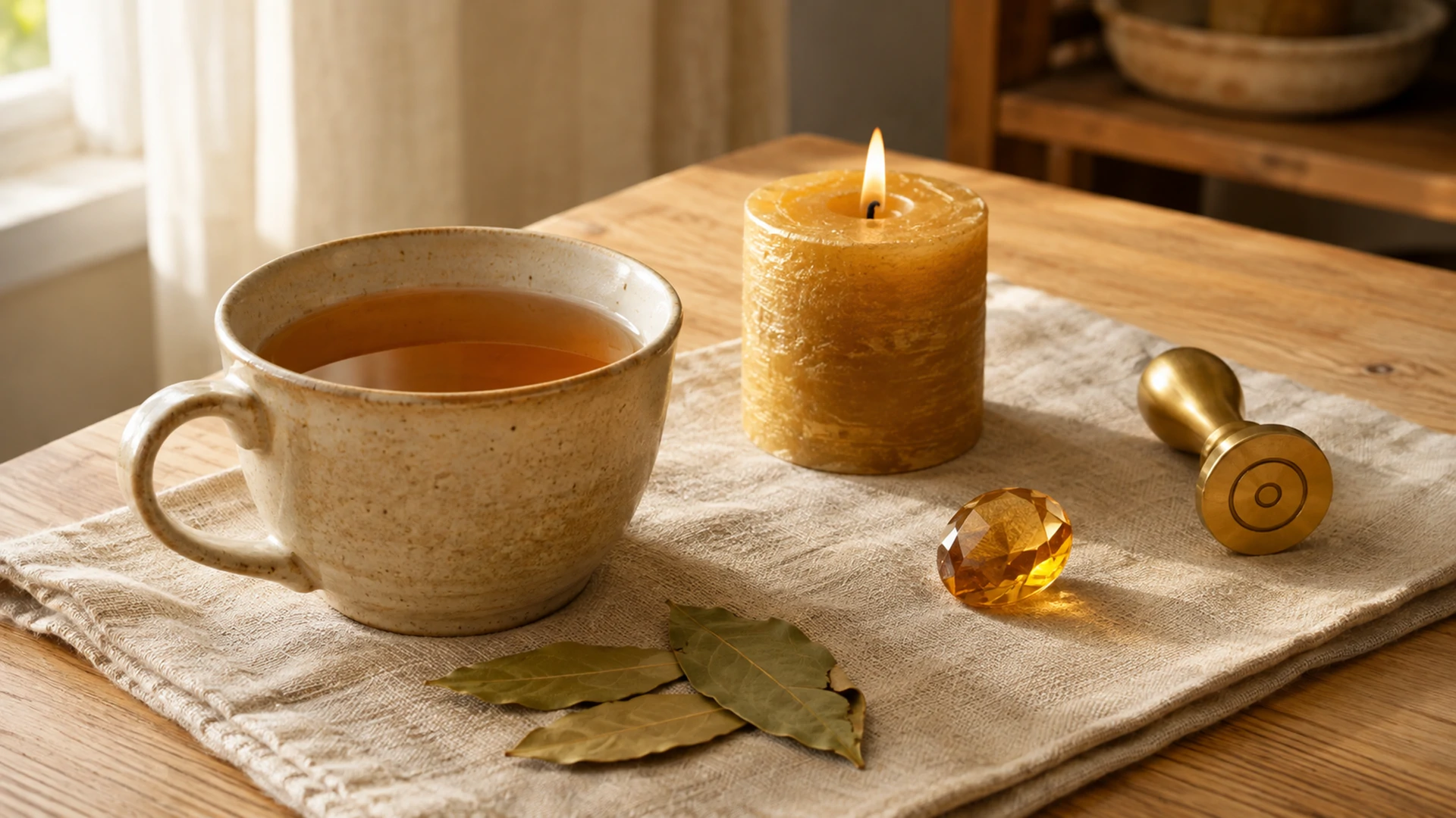 Amber bay laurel tea beside dried bay leaves, a gold candle, imperial topaz crystal, and a gold Sun seal stamp