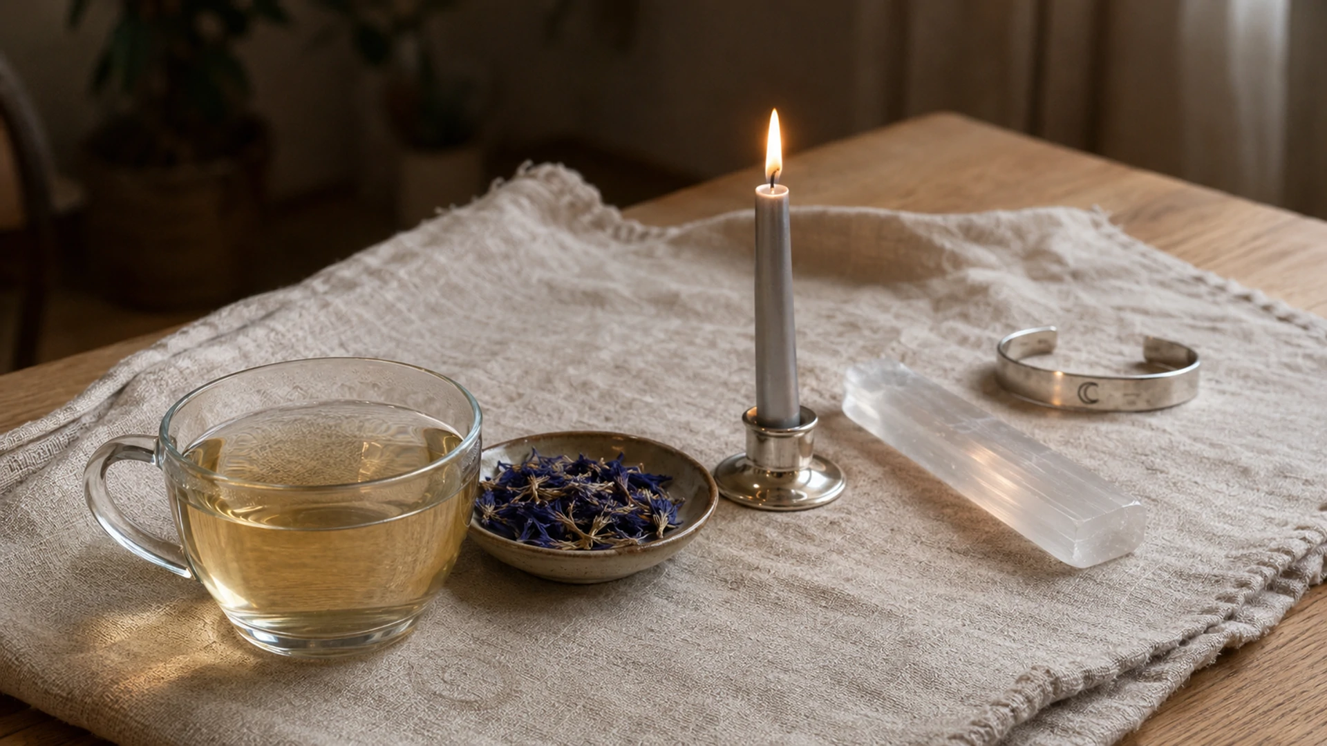 Pale amber blue lotus tea beside dried blue lotus petals, a silver candle, selenite crystal, and a silver Moon cuff bracelet