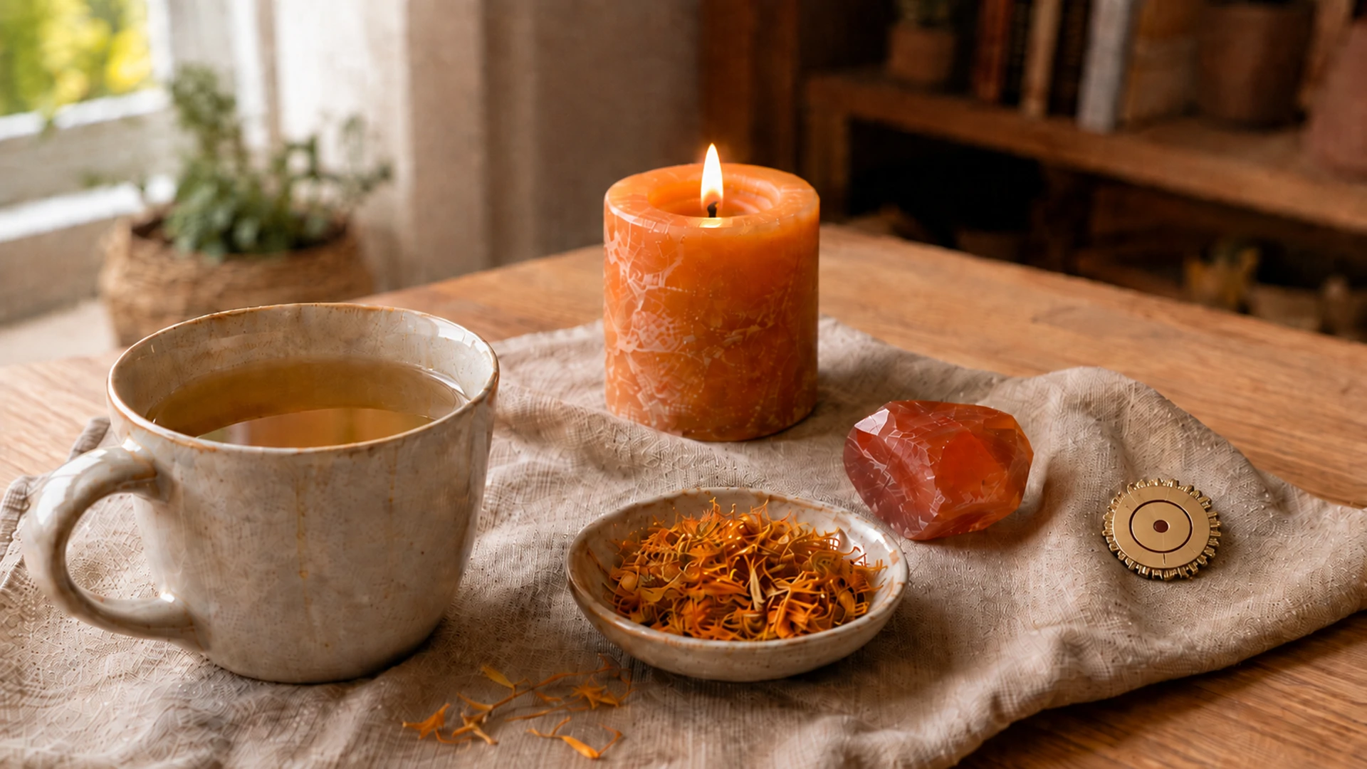 Golden calendula tea beside dried calendula petals, an orange candle, carnelian crystal, and a gold Sun brooch