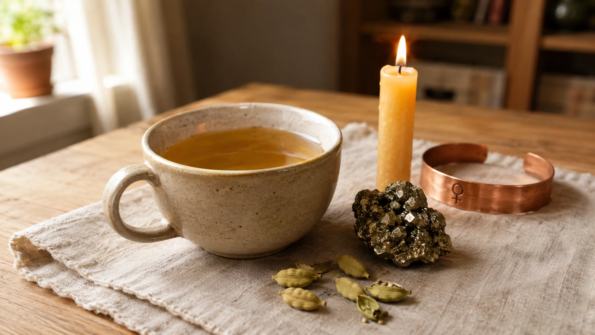 Golden cardamom tea beside whole cardamom pods, a yellow candle, pyrite crystal, and a copper Venus cuff bracelet