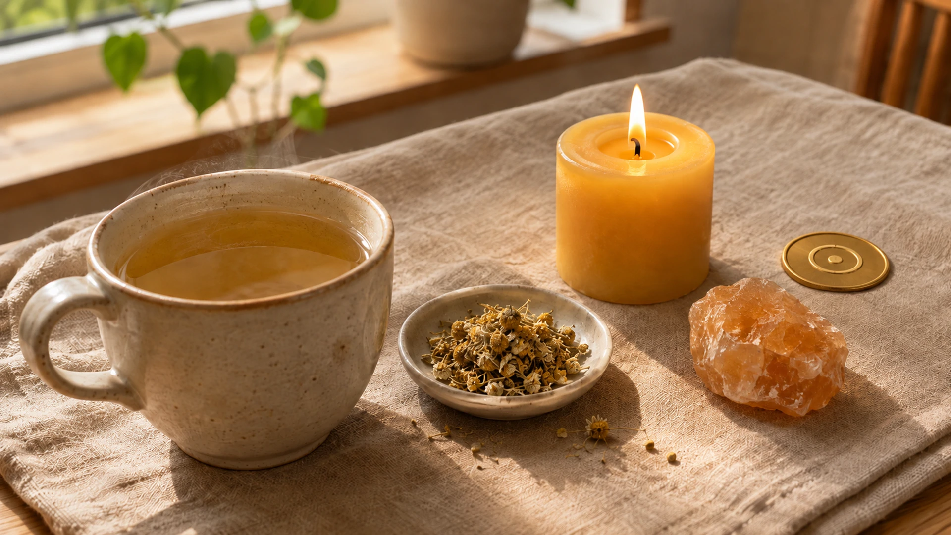 Golden chamomile tea beside dried chamomile flowers, a yellow candle, sunstone crystal, and a gold Sun coin