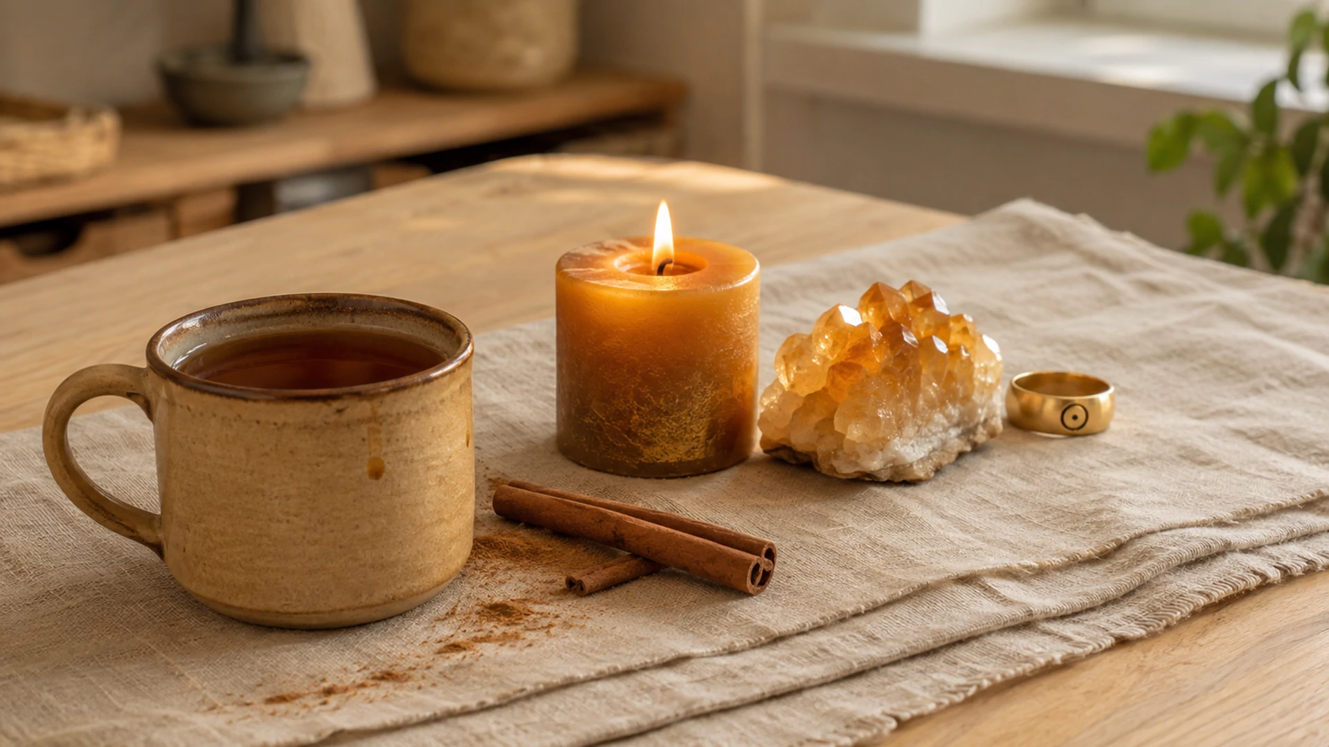 Amber cinnamon tea beside cinnamon sticks, a gold candle, citrine crystal, and a gold Sun ring