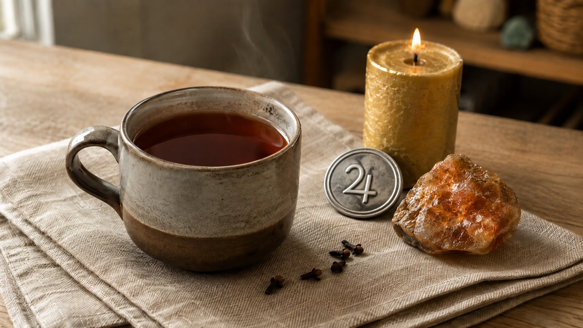 Deep amber clove tea beside whole cloves, a gold candle, sunstone crystal, and a pewter Jupiter medallion