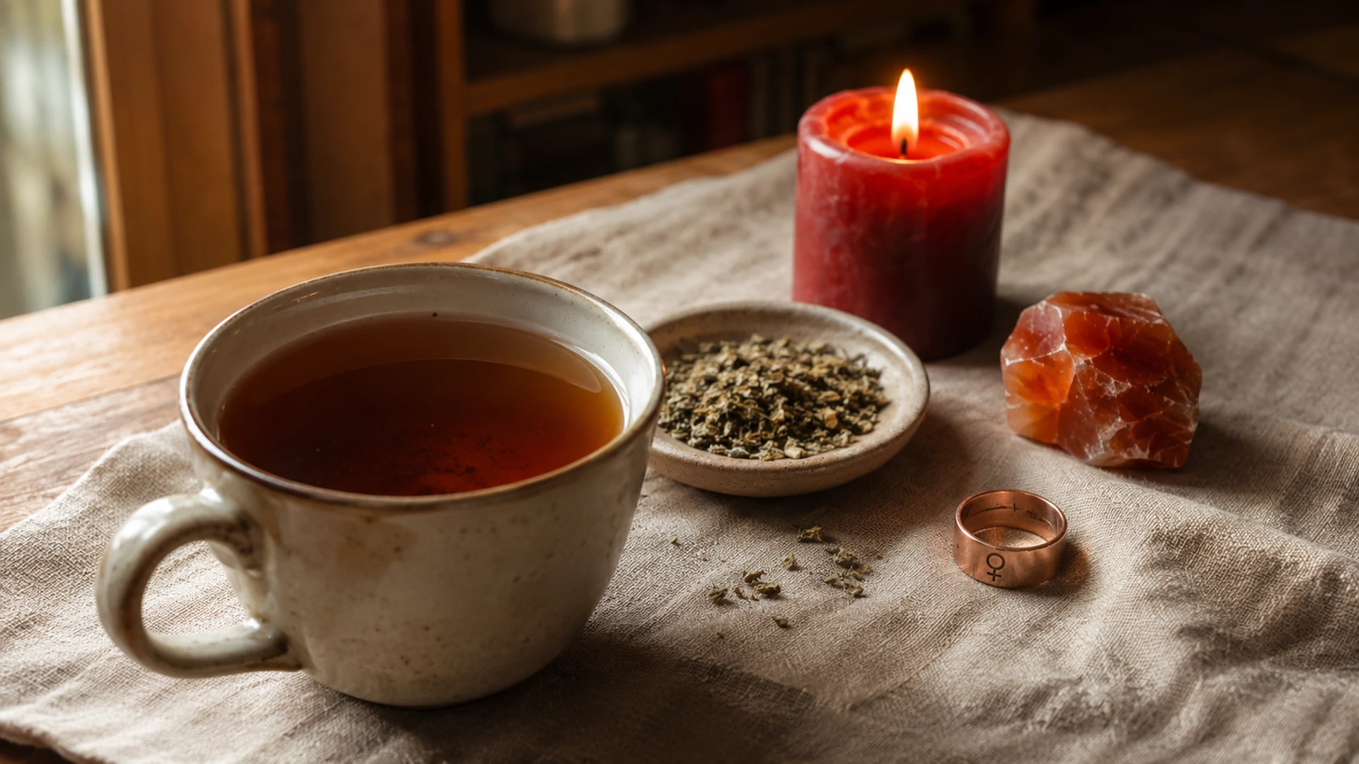 Warm amber damiana tea beside dried damiana leaf, a red pillar candle, carnelian crystal, and a copper Venus ring