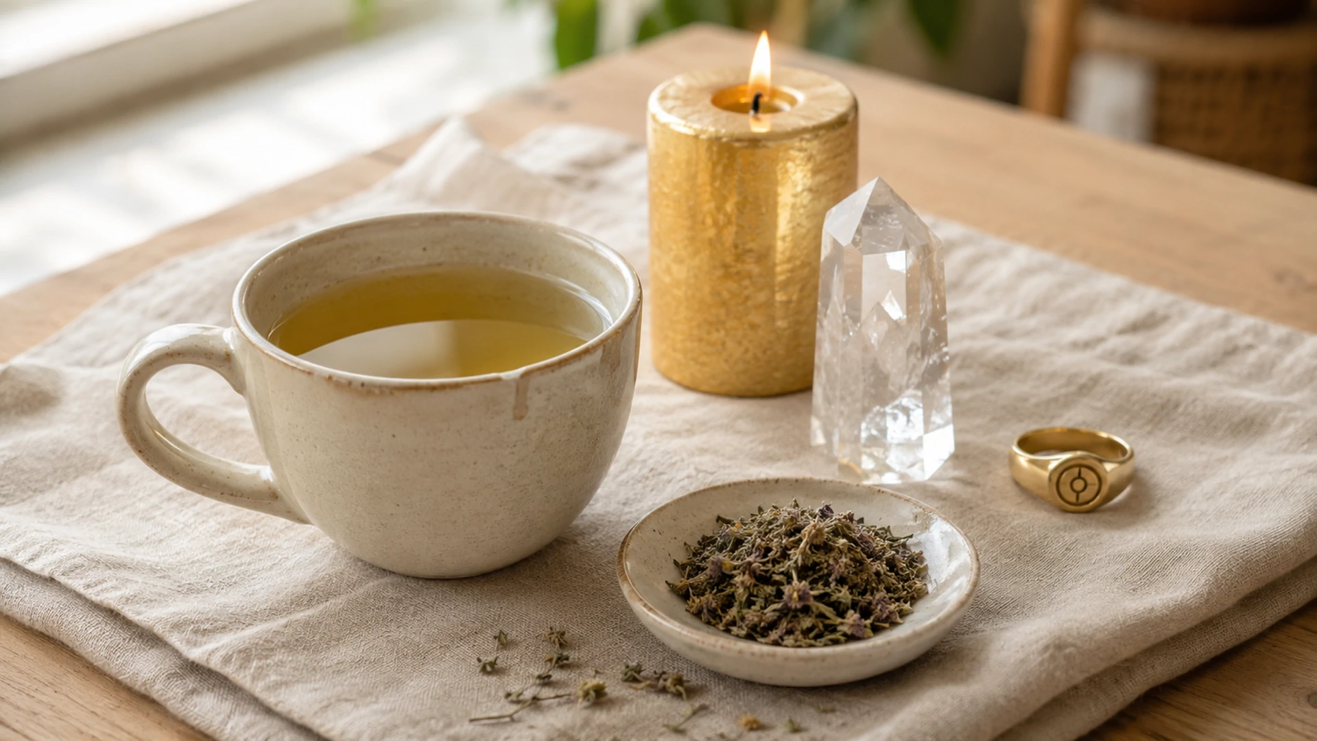 Pale golden eyebright tea beside dried eyebright herb, a gold candle, clear quartz crystal, and a gold Sun ring