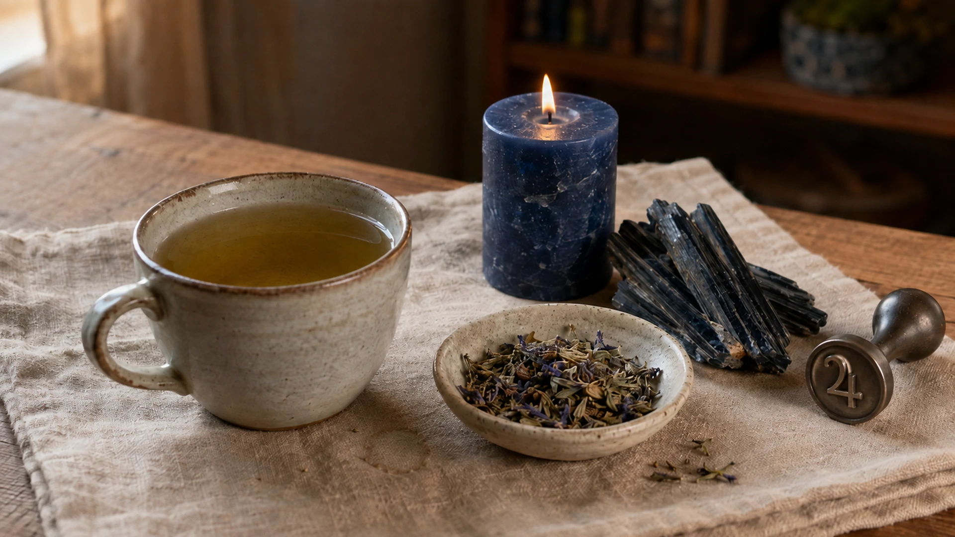 Pale amber-green hyssop tea beside dried hyssop leaf, a blue candle, black kyanite crystal, and a pewter Jupiter seal stamp