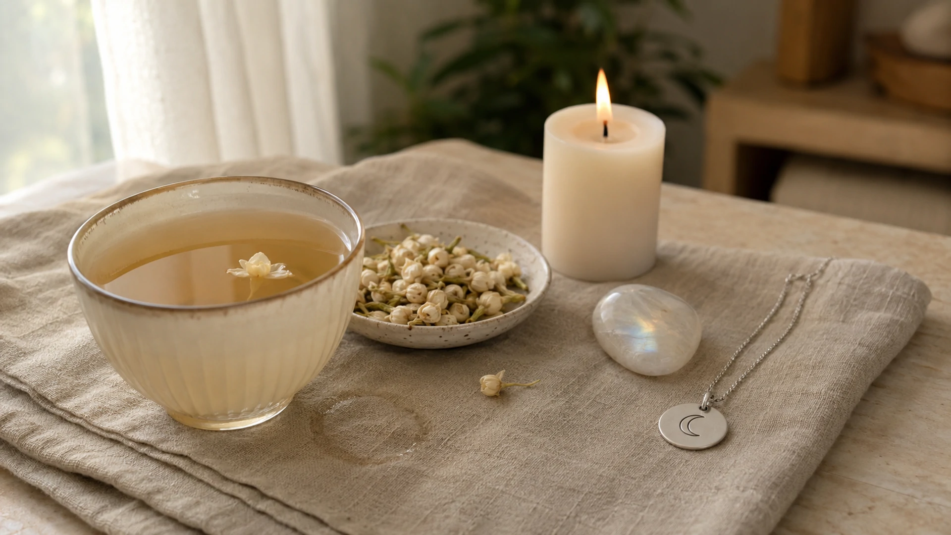 Pale golden jasmine tea beside dried jasmine blossoms, a white candle, moonstone crystal, and a silver Moon pendant