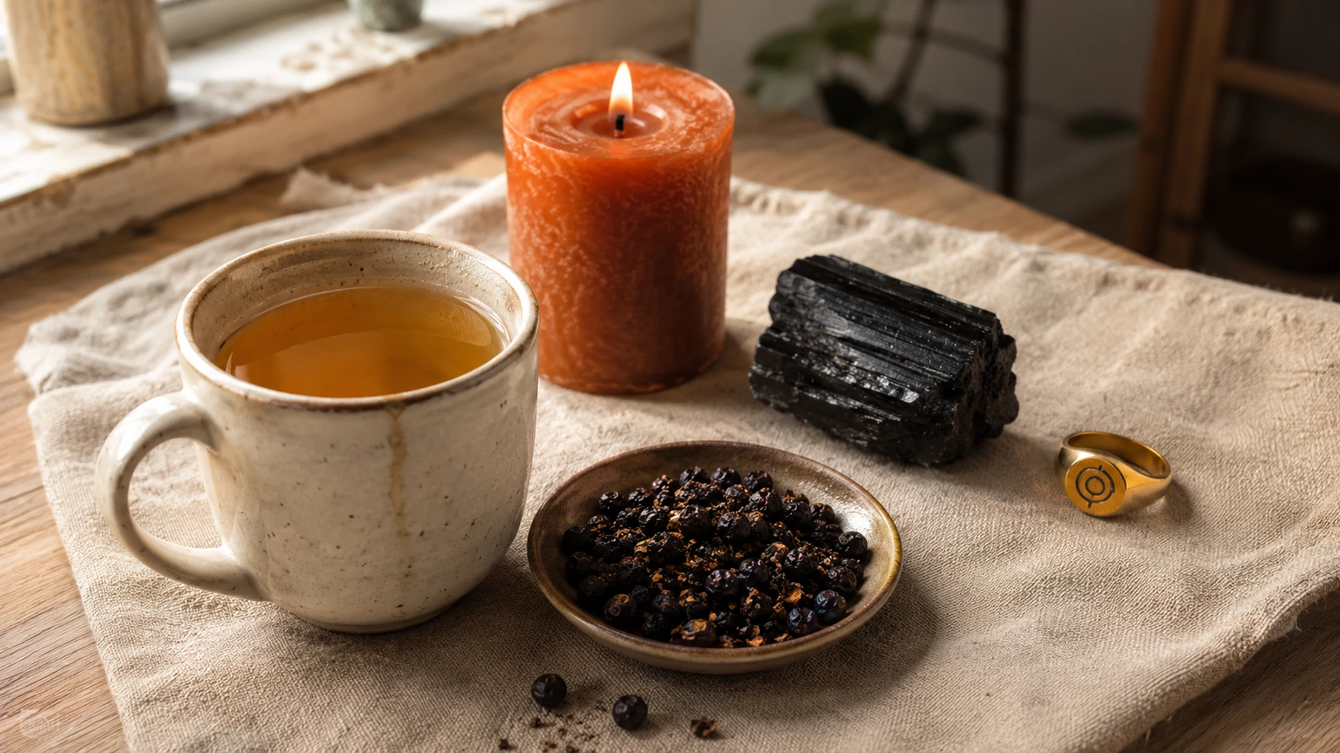 Amber juniper tea beside dried juniper berries, an orange candle, black tourmaline crystal, and a gold Sun signet ring