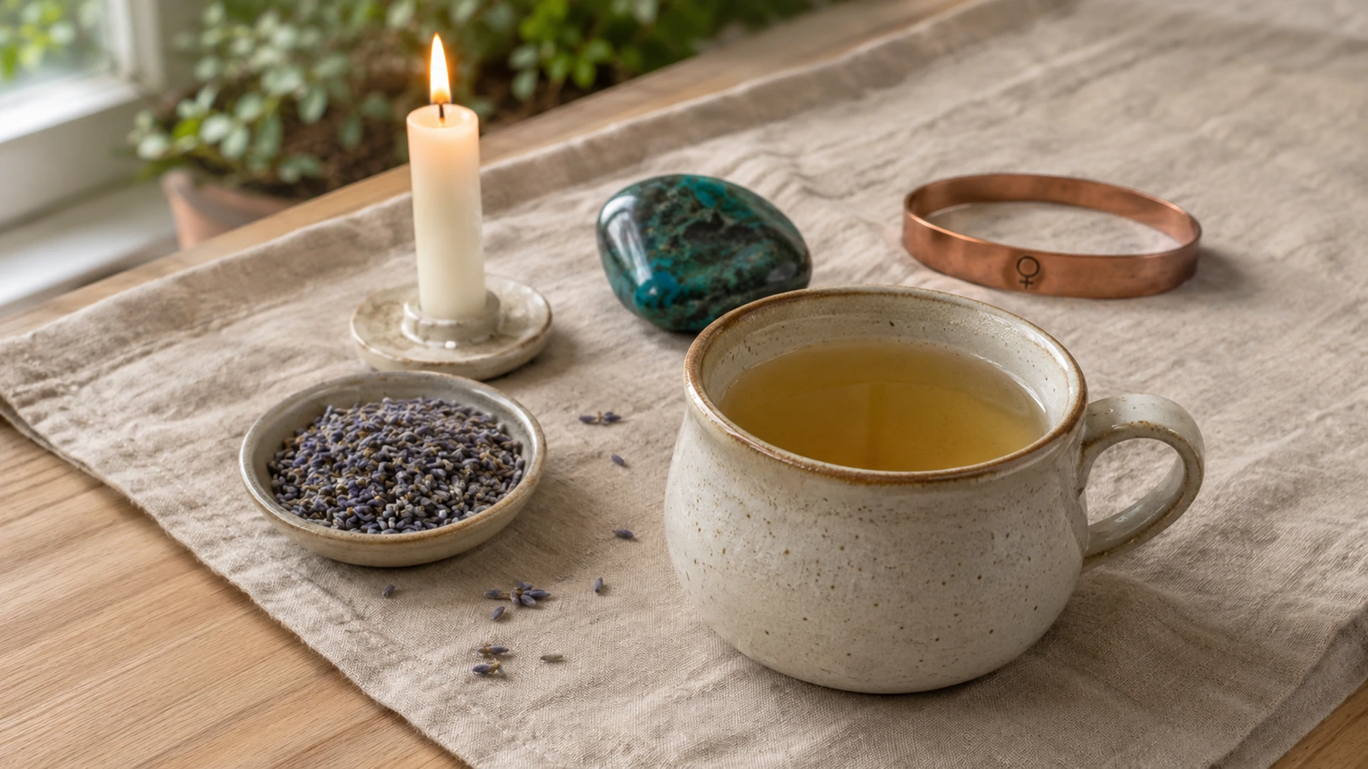 Pale golden lavender tea beside dried lavender buds, a white candle, chrysocolla crystal, and a copper Venus bangle