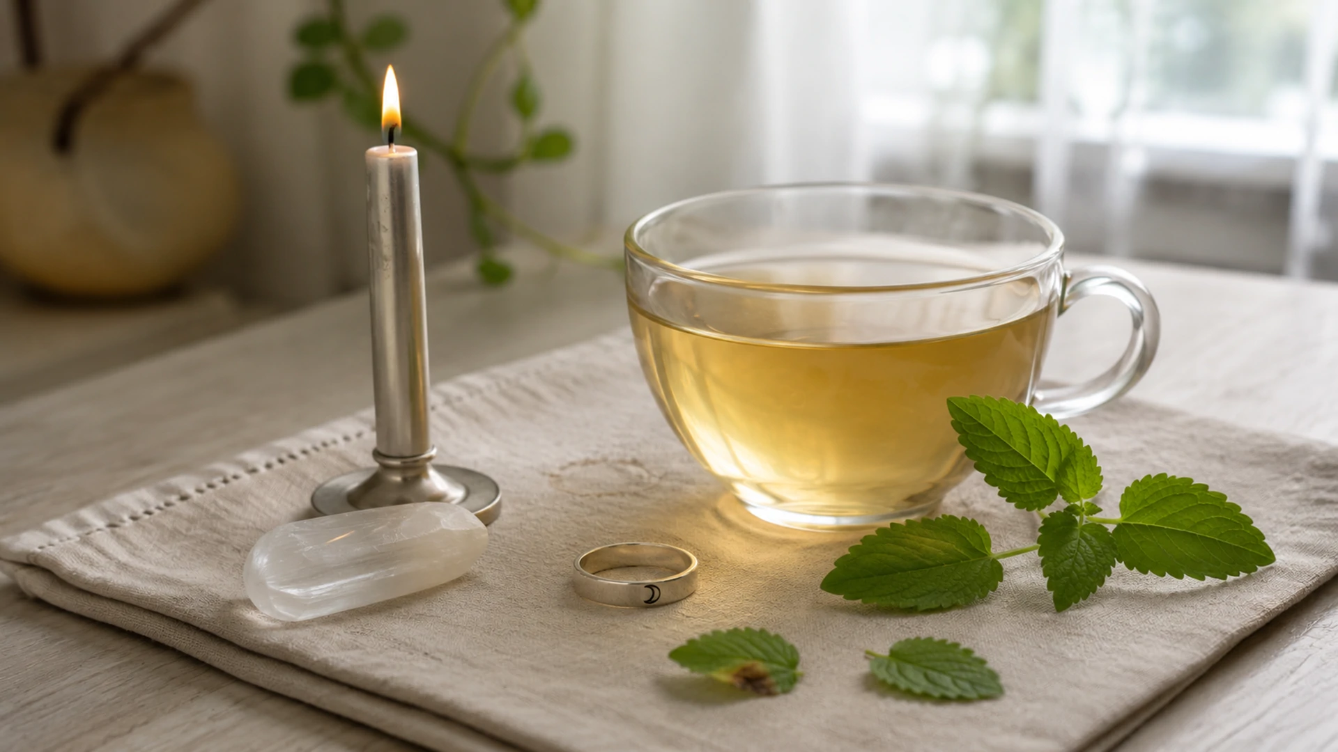 Amber-gold lemon balm tea beside fresh lemon balm leaves, a silver candle, selenite crystal, and a silver Moon ring