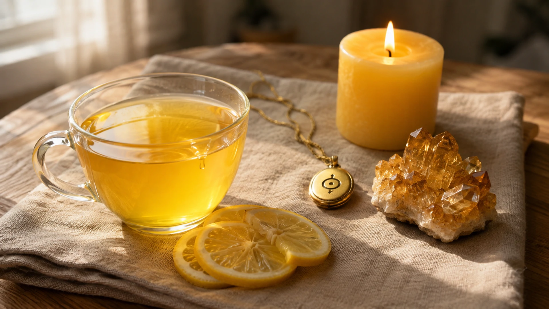 Bright golden lemon tea beside fresh lemon slices, a yellow candle, citrine crystal, and a gold Sun locket